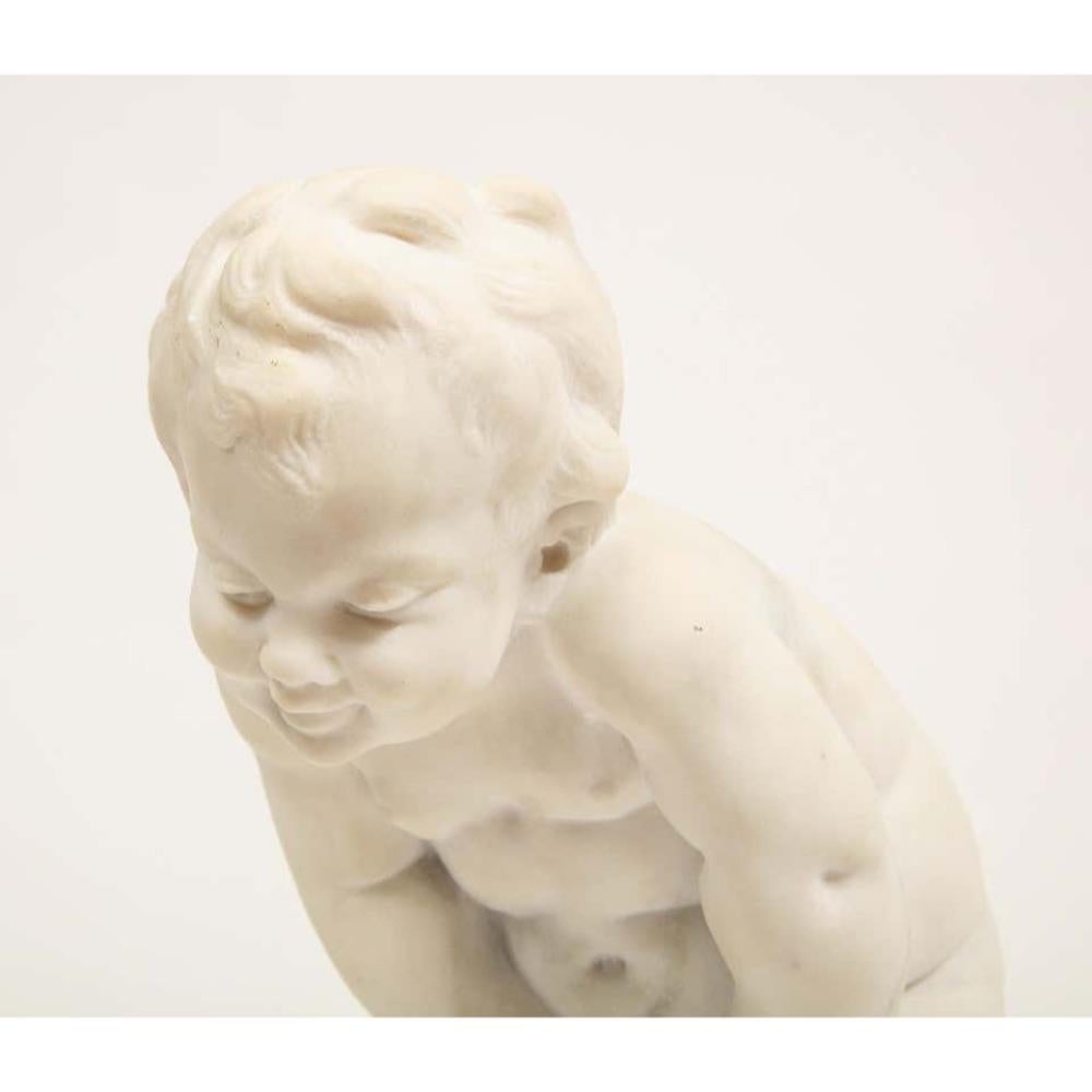 Benoit Rougelet, F. Barbedienne, a White Marble Sculpture of a Putti and Turtle 1