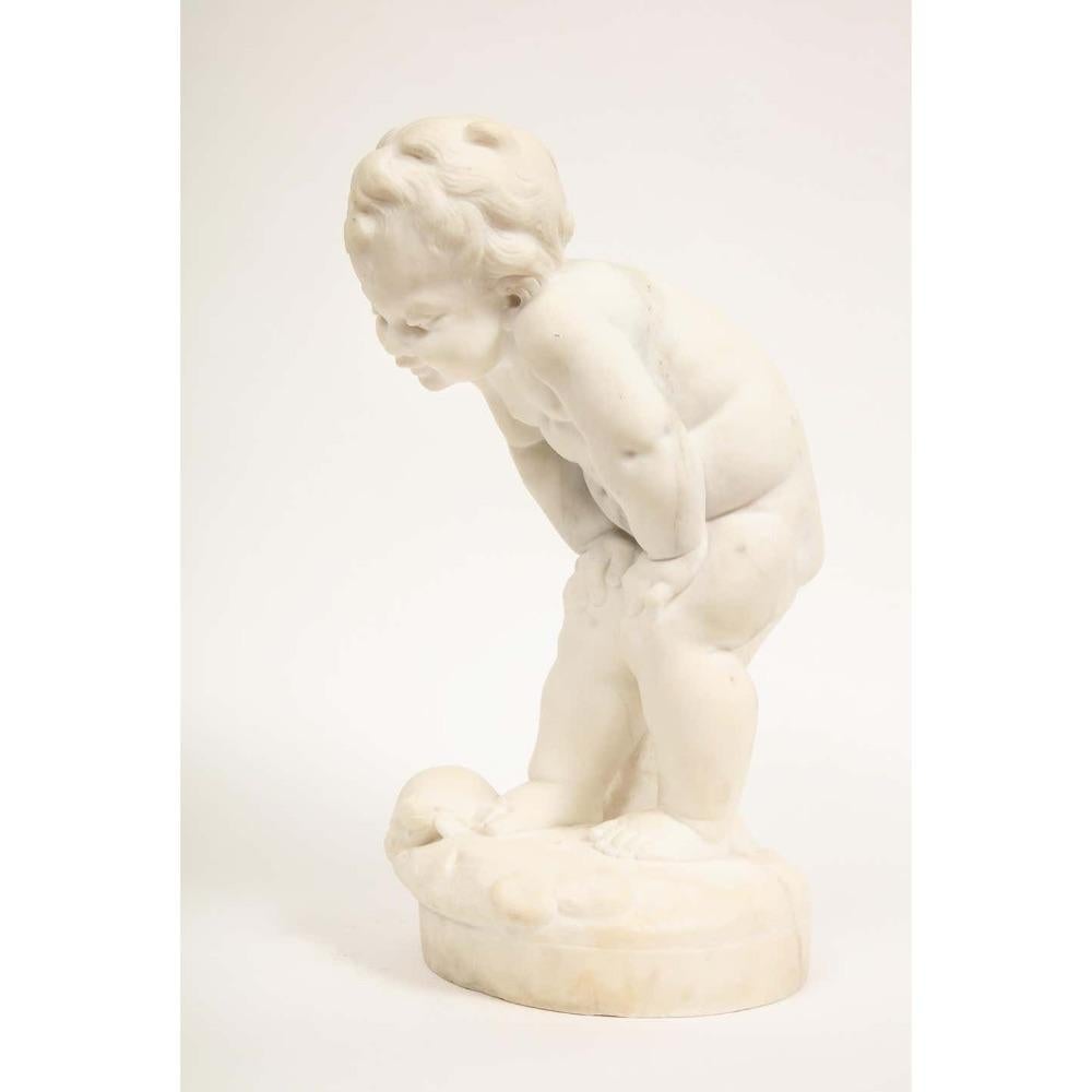 Benoit Rougelet, F. Barbedienne, a White Marble Sculpture of a Putti and Turtle 3