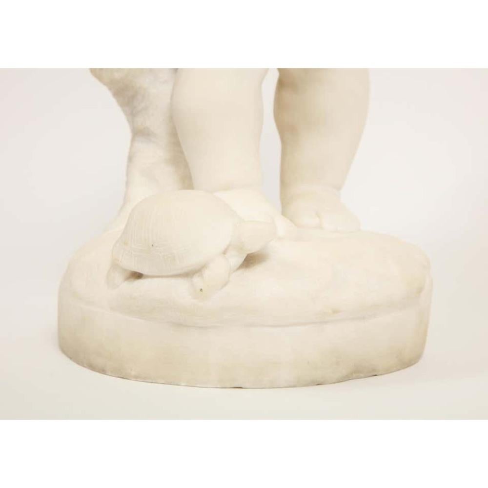 Benoit Rougelet, F. Barbedienne, a White Marble Sculpture of a Putti and Turtle 4