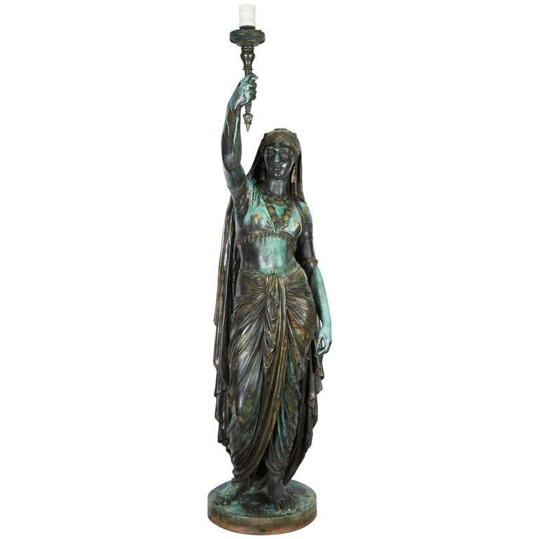 Ferdinand Barbedienne Figurative Sculpture - Emile Guillemin Bronze Sculpture Torchiere Lamp "Femme Indienne" Barbedienne