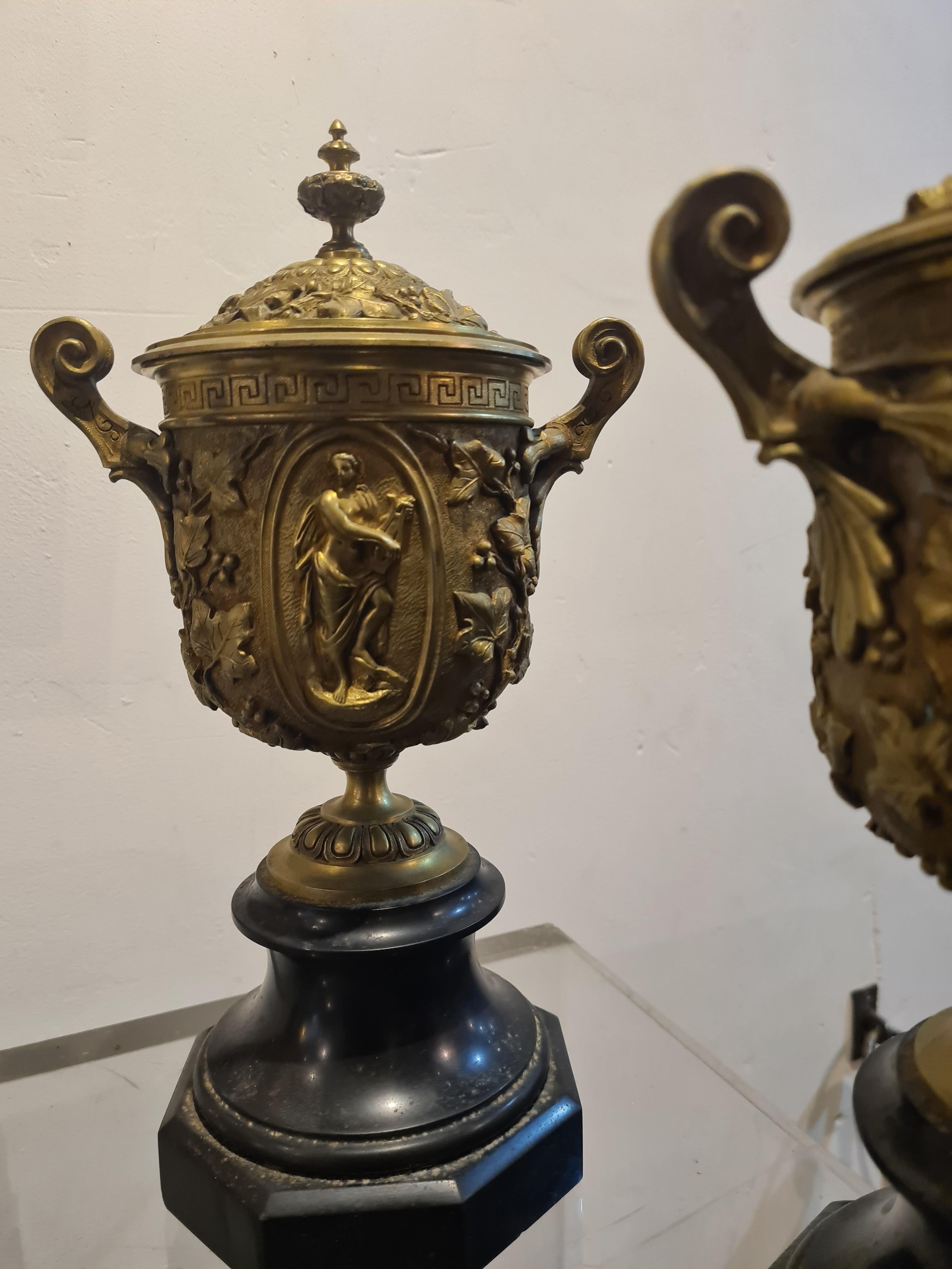 Pair of French Gilt Bronze & Marble Garniture Urns, In The Style of Barbedienne - Renaissance Sculpture by Ferdinand Barbedienne