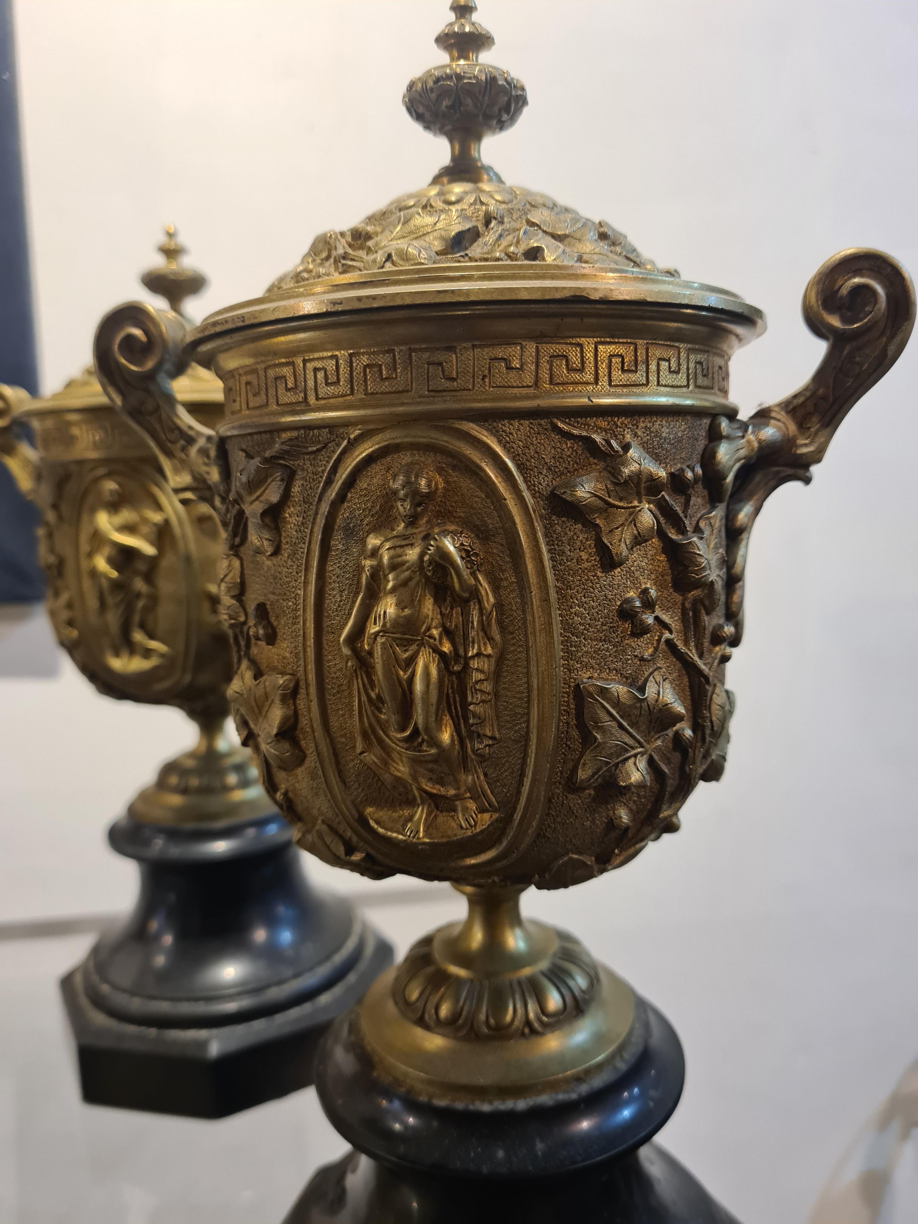 Pair of French Gilt Bronze & Marble Garniture Urns, In The Style of Barbedienne - Gold Figurative Sculpture by Ferdinand Barbedienne