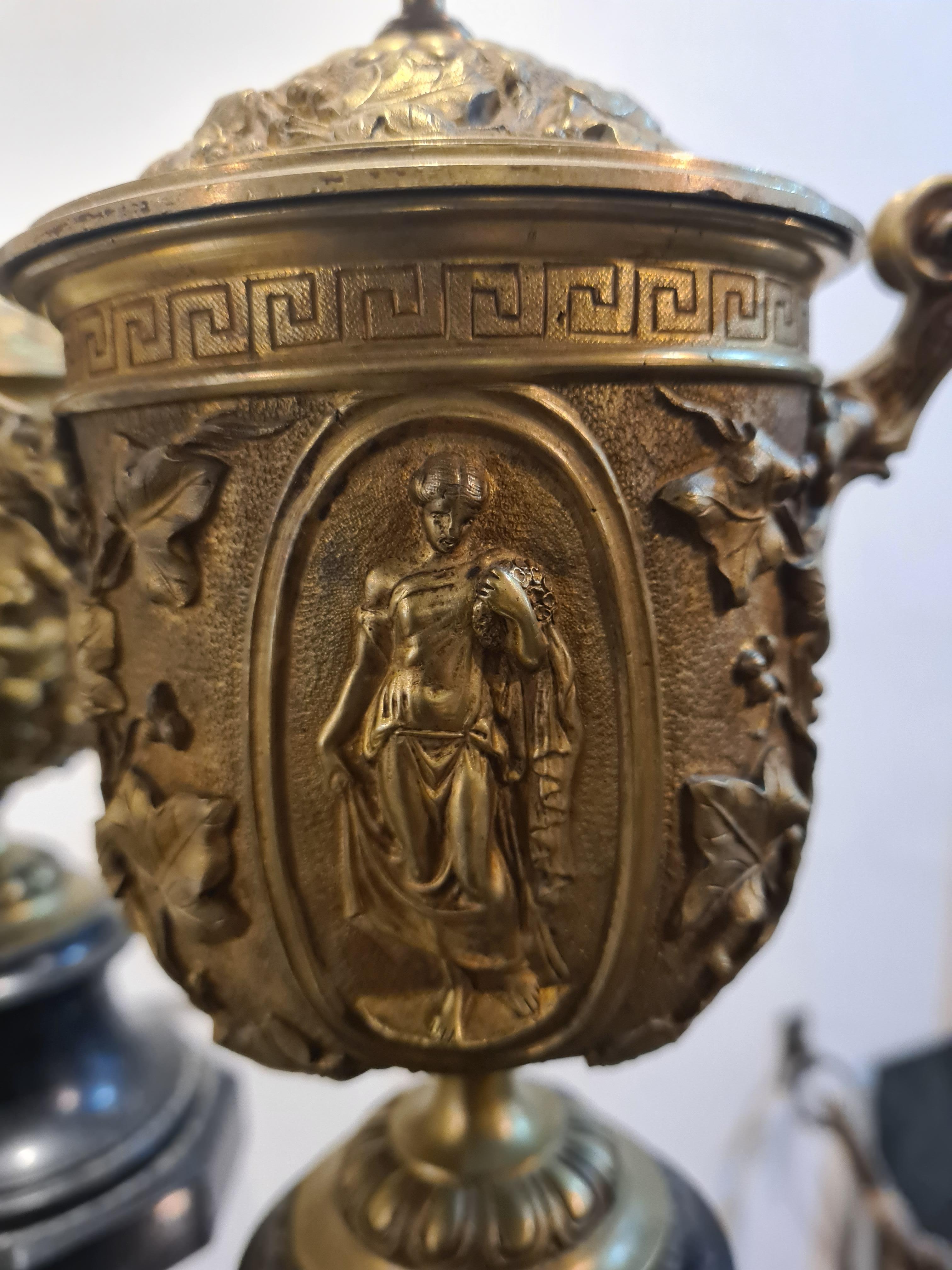 Pair of French Gilt Bronze & Marble Garniture Urns, In The Style of Barbedienne 2