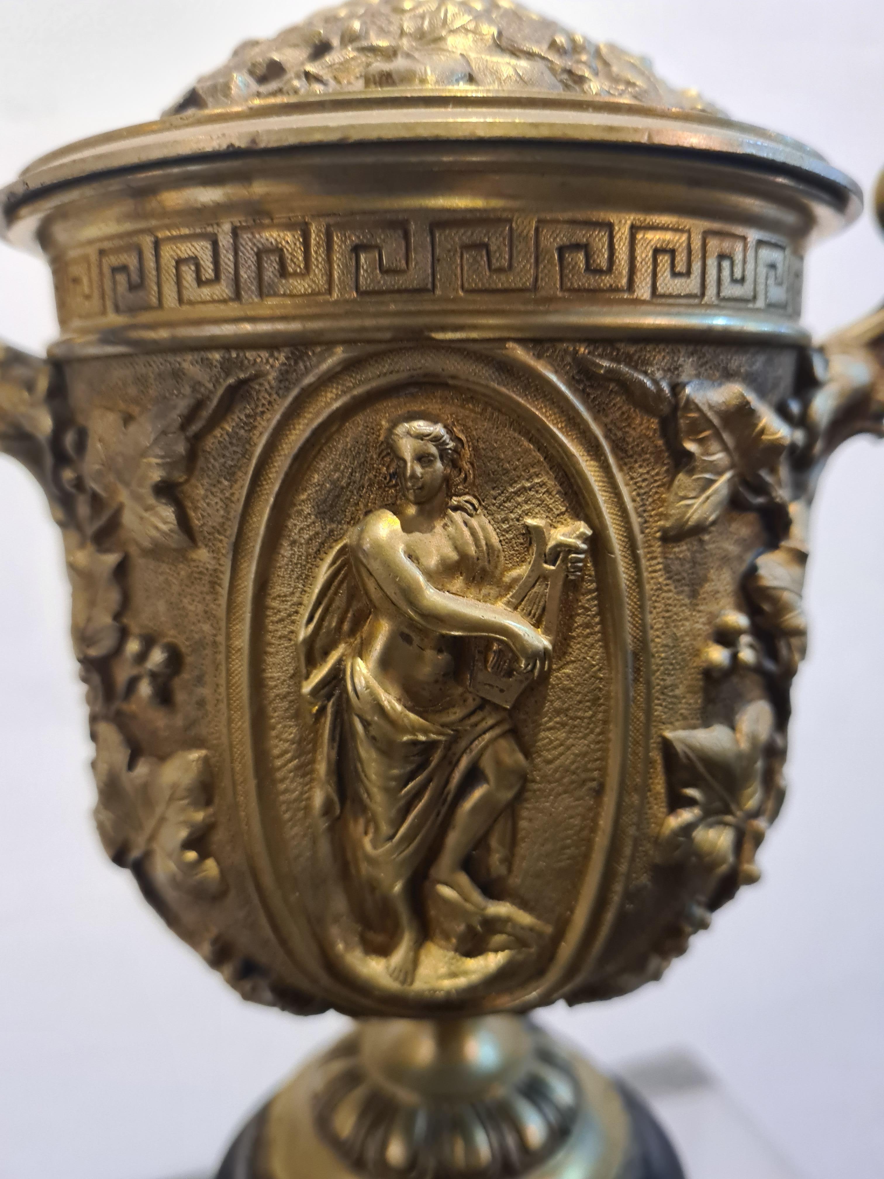 Pair of French Gilt Bronze & Marble Garniture Urns, In The Style of Barbedienne 3