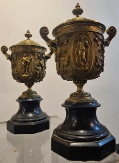 Pair of French Gilt Bronze & Marble Garniture Urns, In The Style of Barbedienne