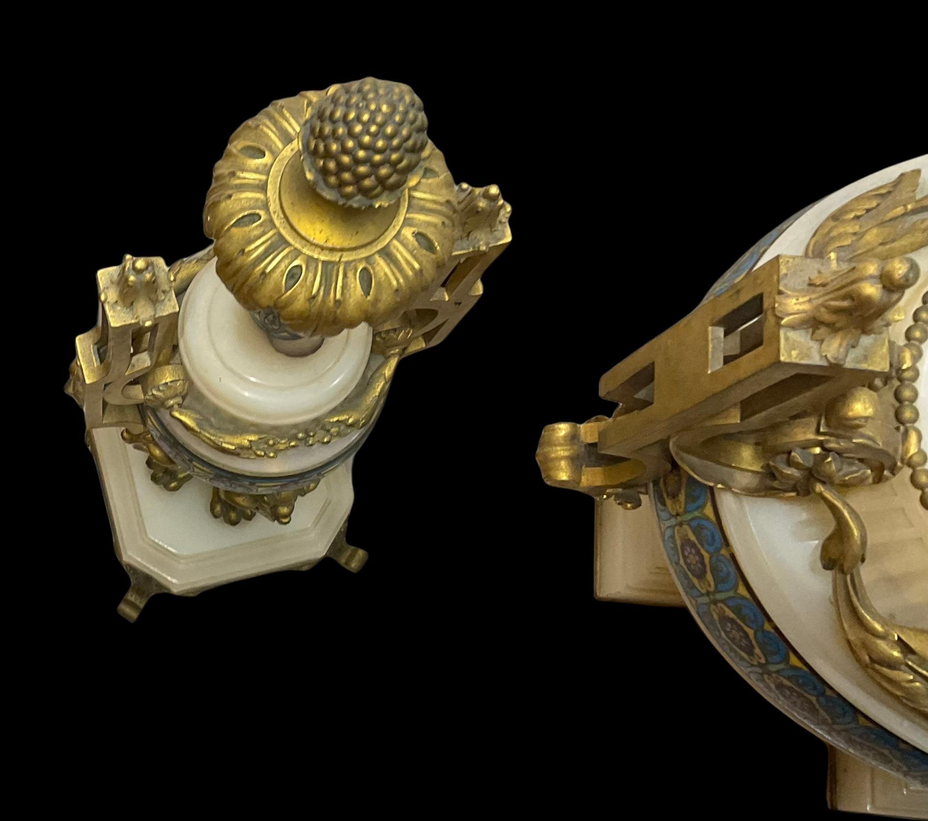 Ferdinand Barbedienne Set of Gilt Bronze-Mounted Champleve Onyx Garniture For Sale 3