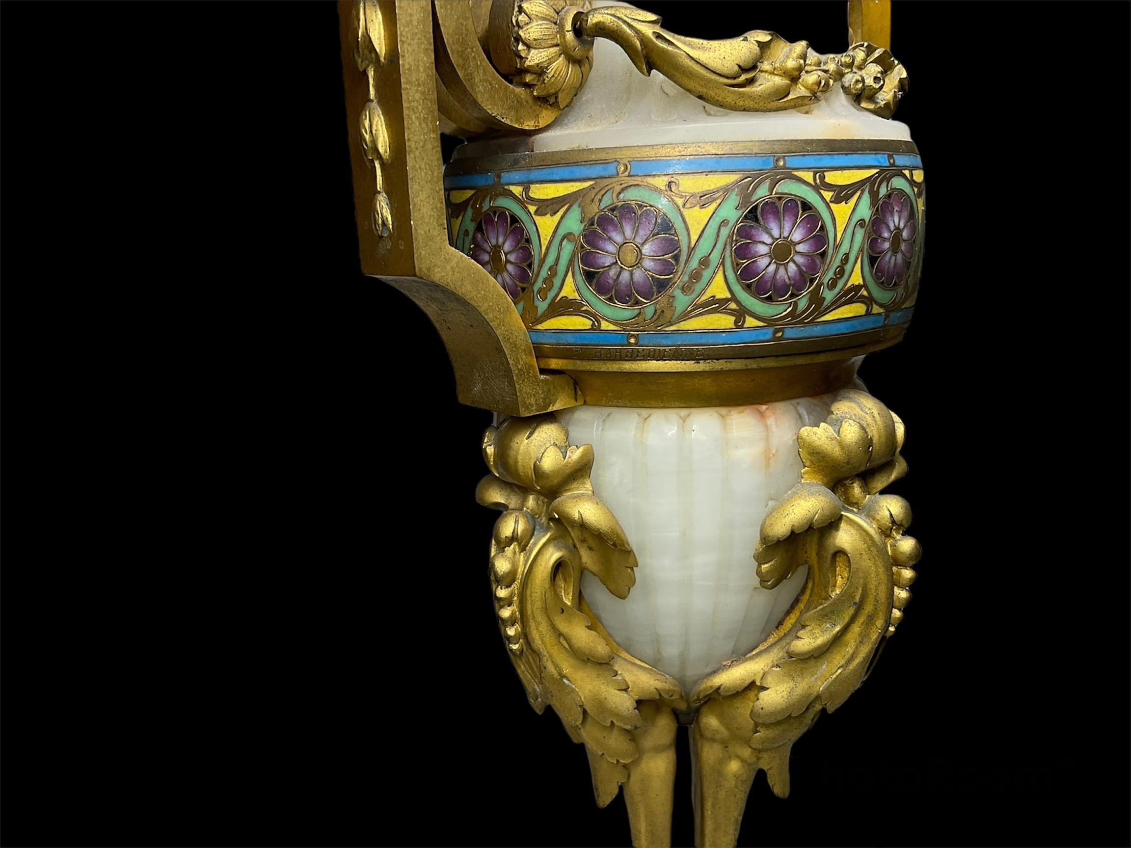 French Ferdinand Barbedienne Set of Gilt Bronze-Mounted Champleve Onyx Garniture For Sale