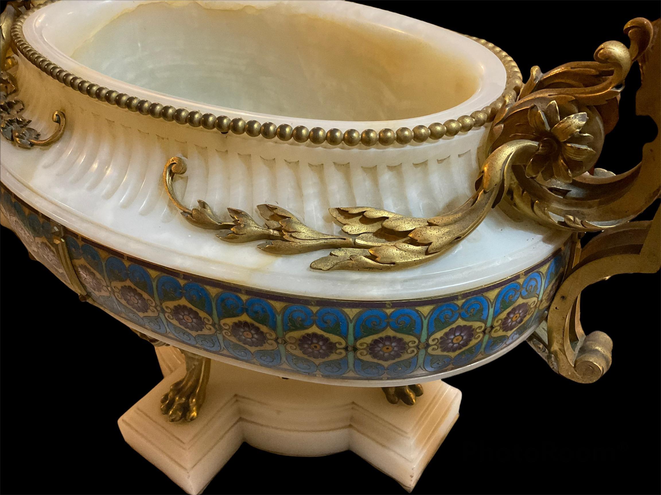 Hand-Crafted Ferdinand Barbedienne Set of Gilt Bronze-Mounted Champleve Onyx Garniture For Sale