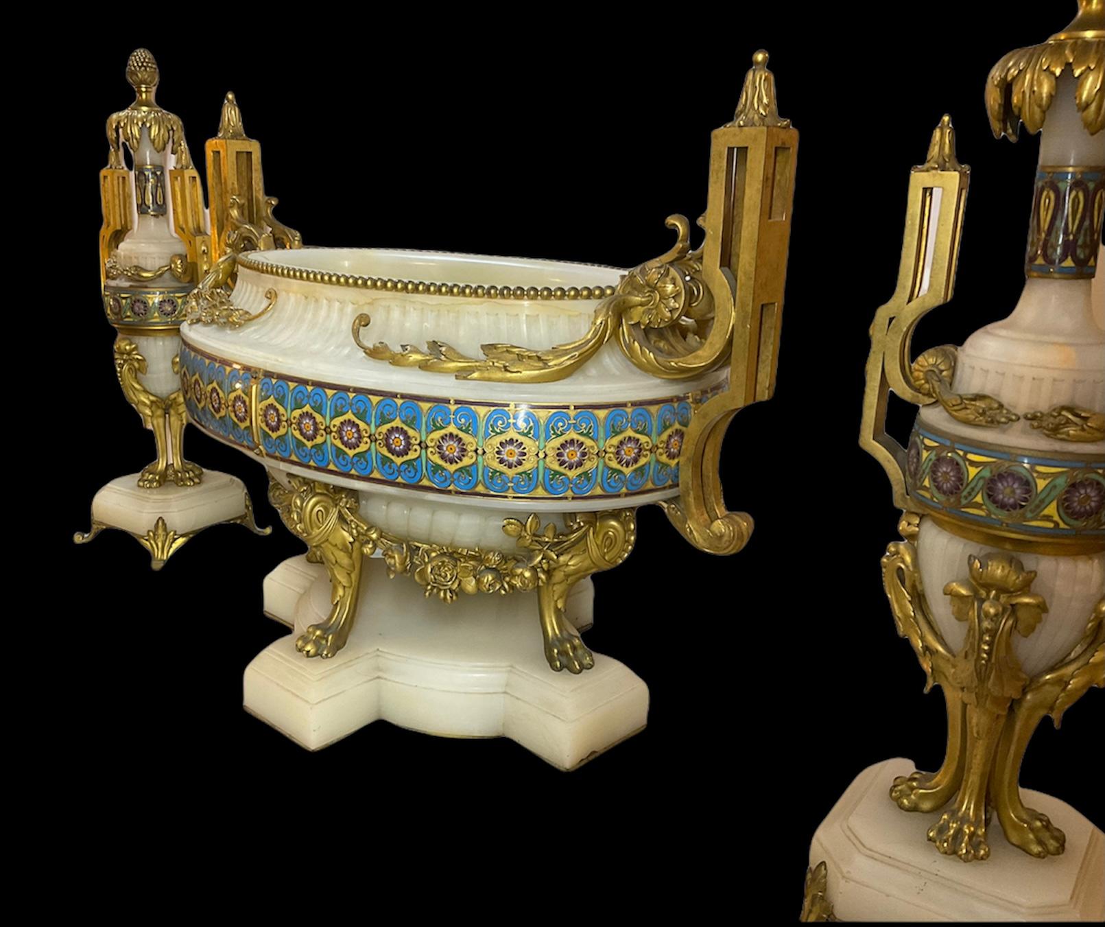 Ferdinand Barbedienne Set of Gilt Bronze-Mounted Champleve Onyx Garniture In Good Condition For Sale In Guaynabo, PR