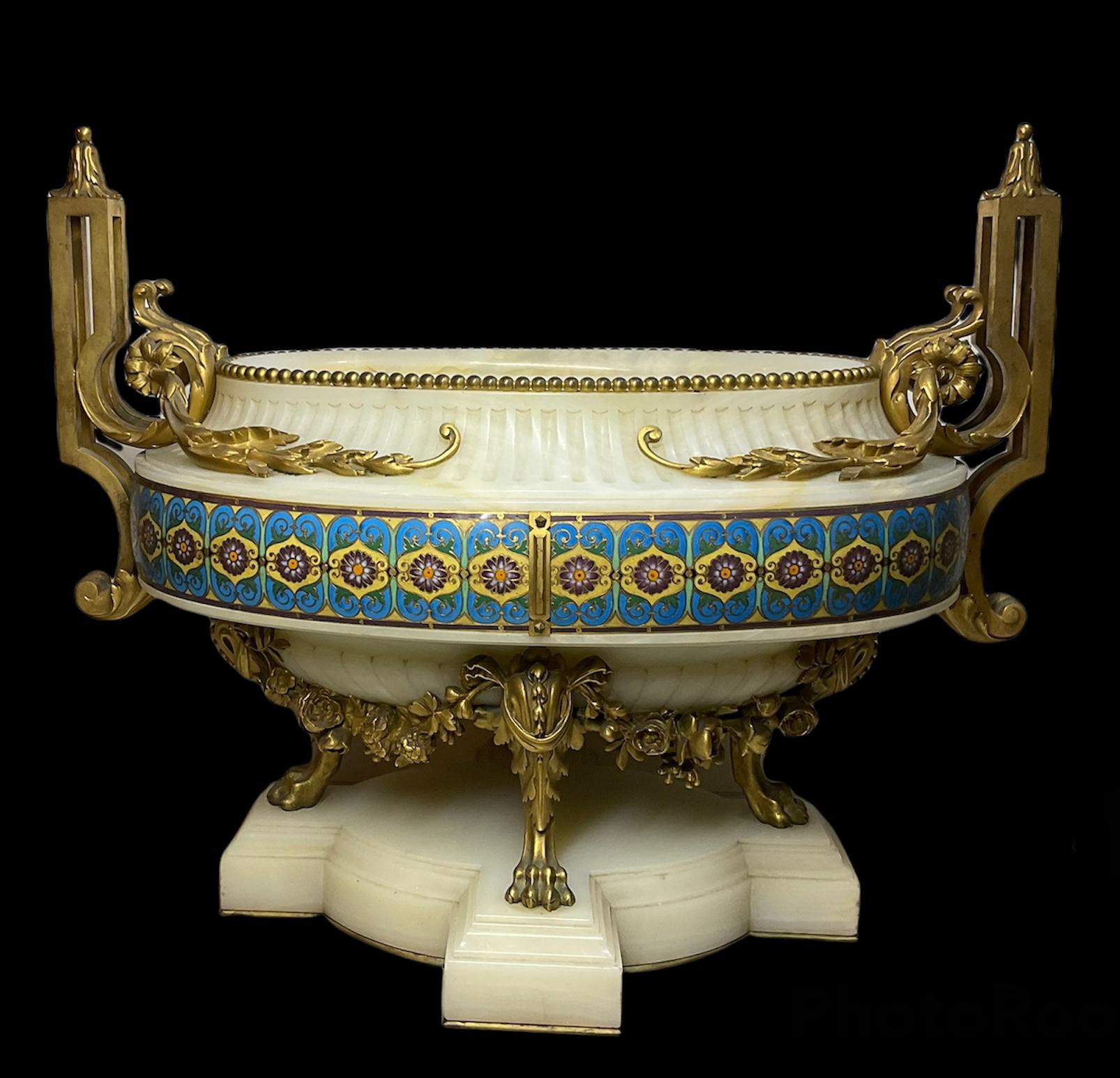 19th Century Ferdinand Barbedienne Set of Gilt Bronze-Mounted Champleve Onyx Garniture For Sale
