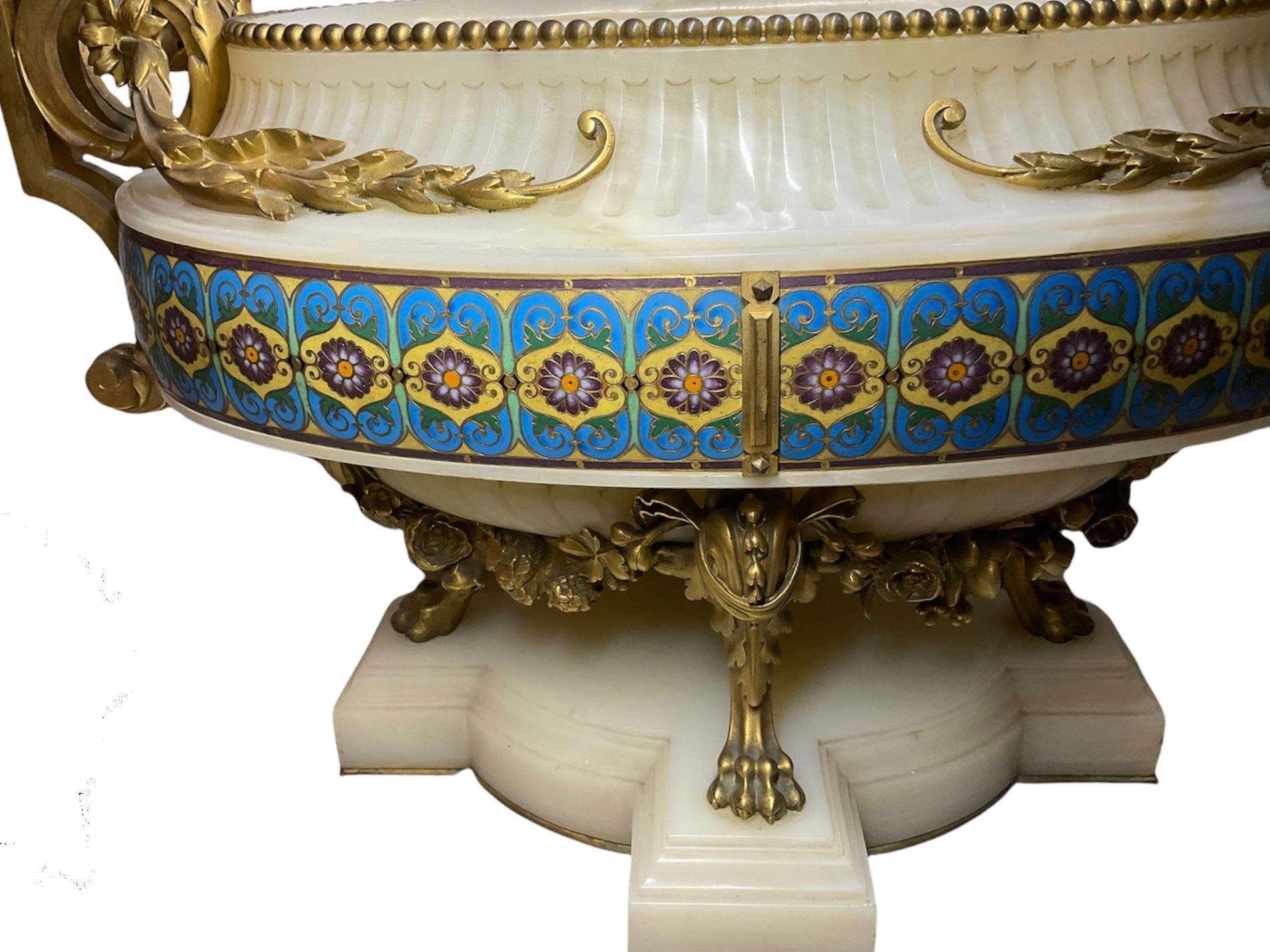 Ferdinand Barbedienne Set of Gilt Bronze-Mounted Champleve Onyx Garniture For Sale 1
