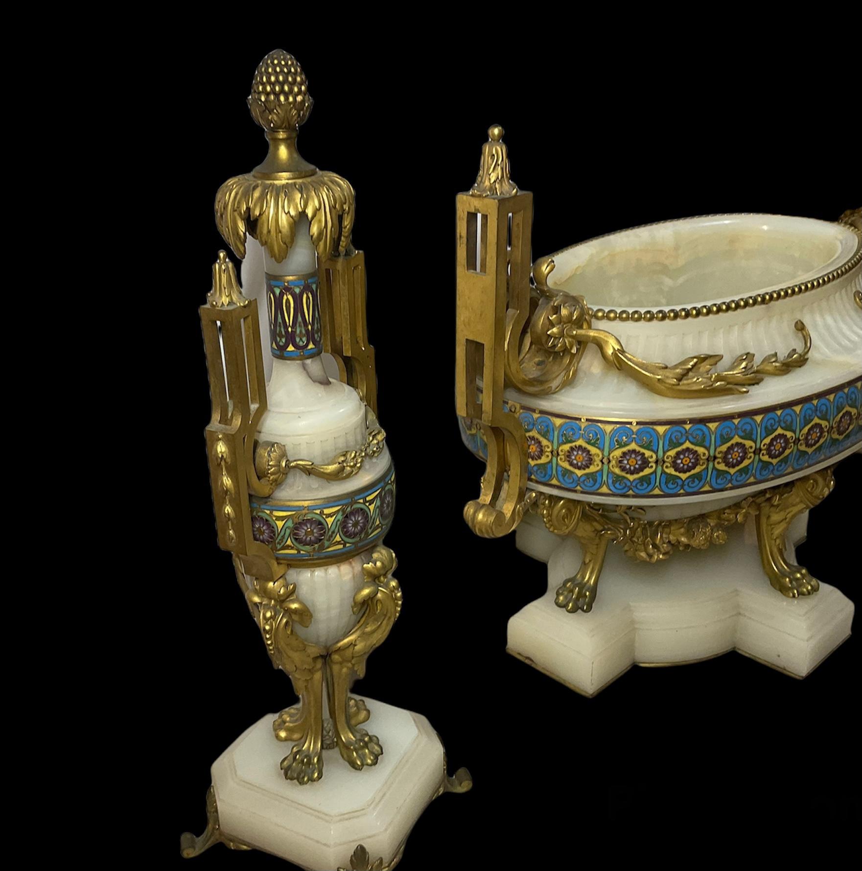 Ferdinand Barbedienne Set of Gilt Bronze-Mounted Champleve Onyx Garniture For Sale 2