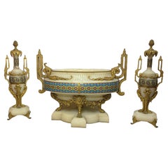 Antique Ferdinand Barbedienne Set of Gilt Bronze-Mounted Champleve Onyx Garniture