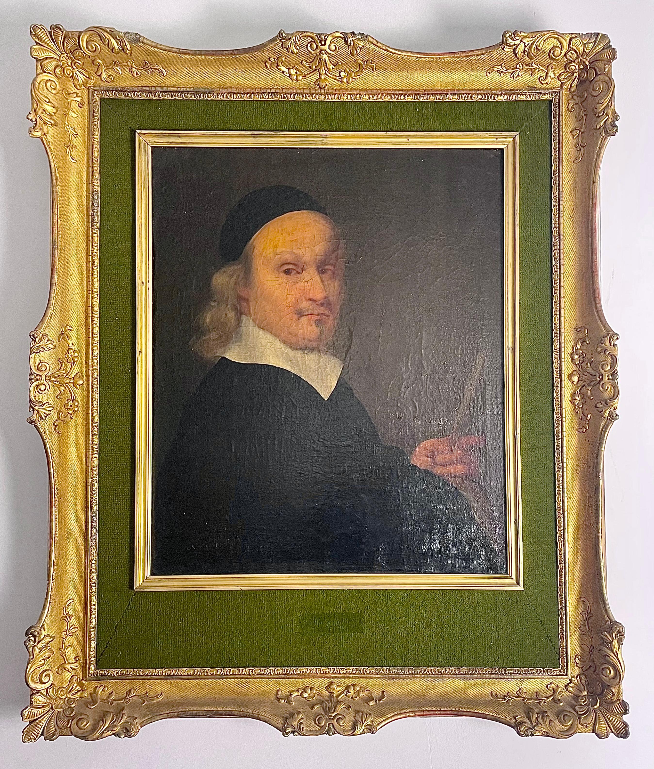 Large, very well done oil on canvas representing the Portrait of a mathematician, a professor, leaning on his elbows and holding a ruler.

This painting has a very beautiful frame, with a large gilded and worked frame. The mat is in green velvet