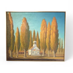 Quadro di metà secolo con alberi e una cappella di Ferdinand Burgdorff