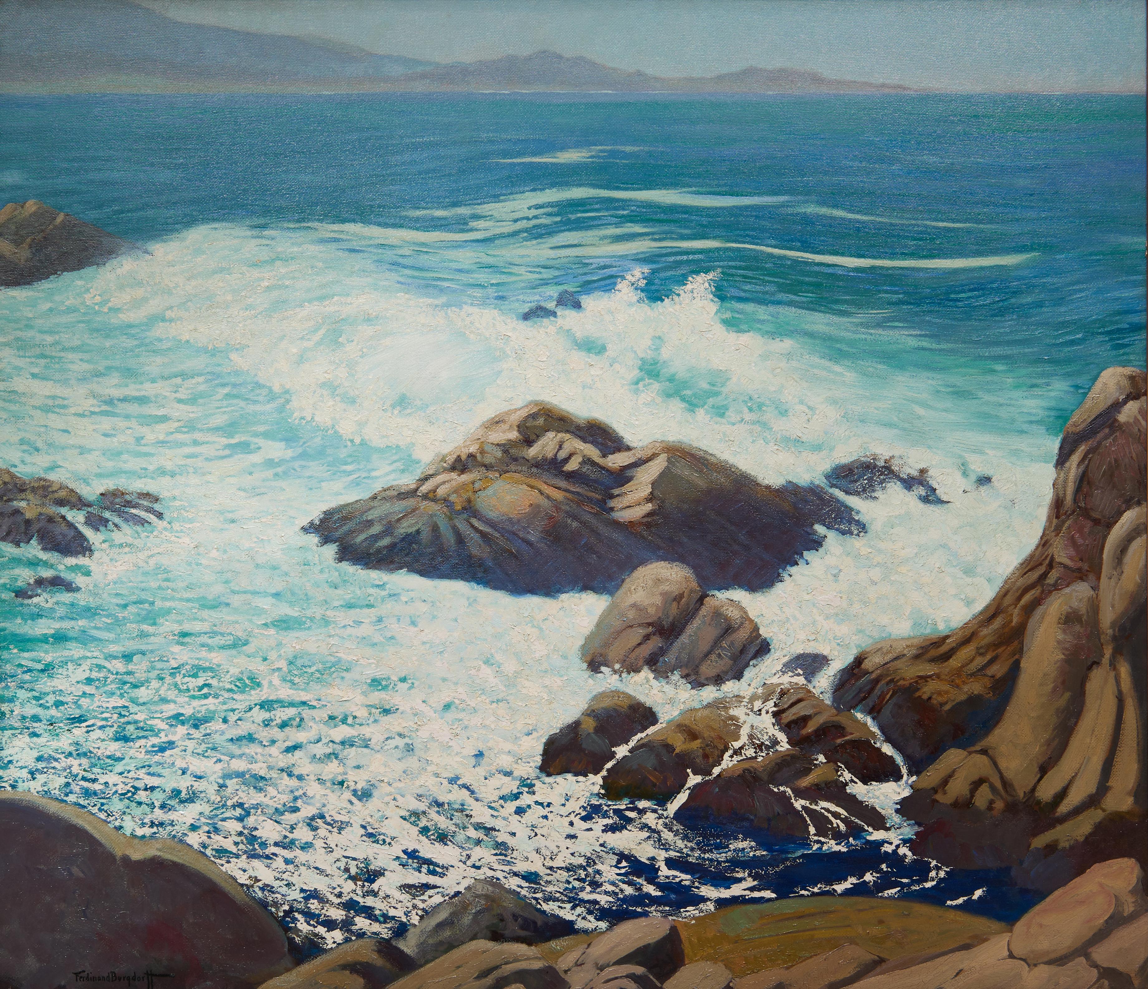 Ferdinand Burgdorff Figurative Painting – Winter Water, Large Seascape of Point Lobos, Monterey, California Shore