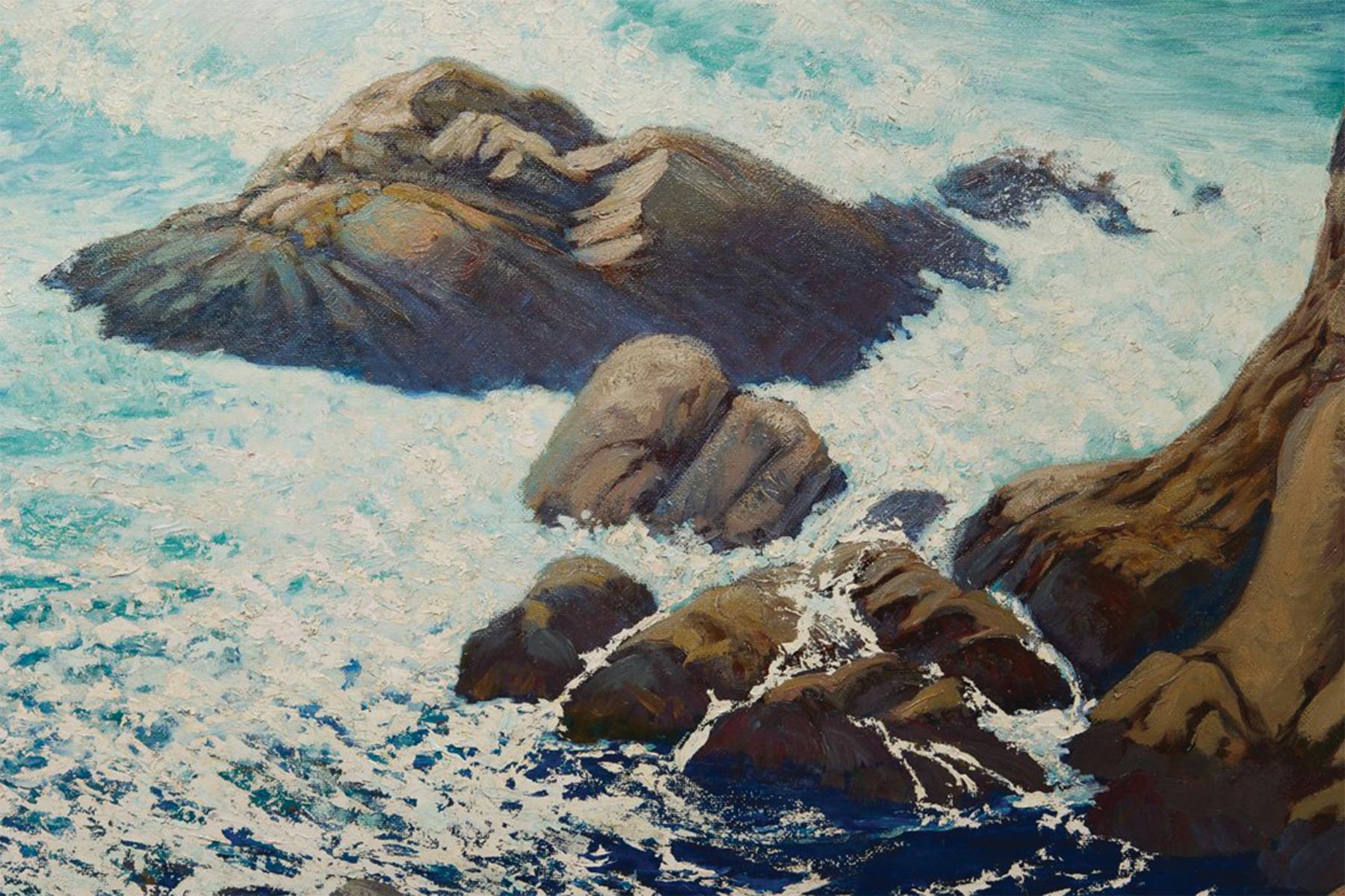 Winter Water, Large Seascape of Point Lobos, Monterey, California Shore - Gray Figurative Painting by Ferdinand Burgdorff