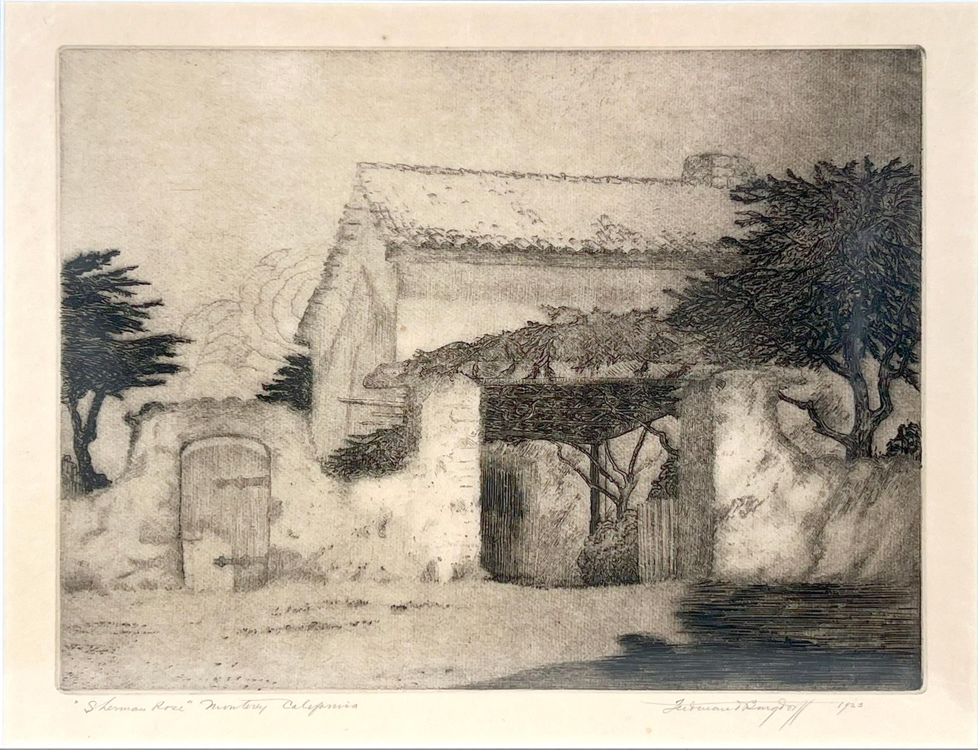 „Sherman Rose“ Adobe, Monterey, Kalifornien – signierte Original-Radierung von 1923  – Print von Ferdinand Burgdorff