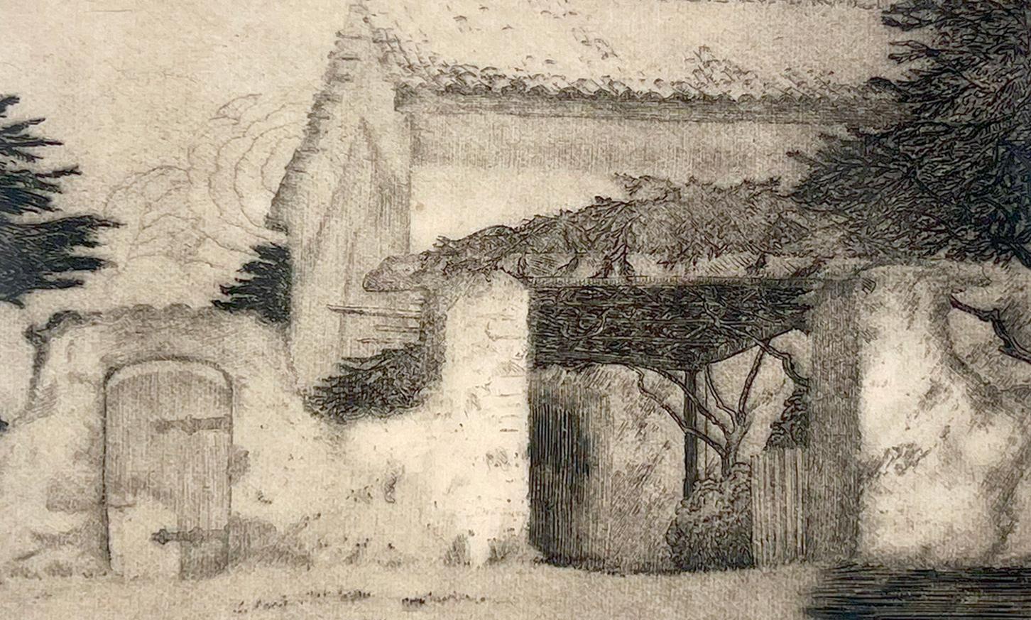 Beautiful early 20th Century etching on vellum of the Monterey Bonifacio Adobe known as The Old Sherman Rose House, with climbing roses, by Ferdinand Burgdorff (American, (1881 - 1975), 1923. As in many of the artist's works, this piece conveys a