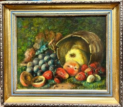 Still Life Of Fruit In A Barrel Grapes Apples Signed Antique Oil Painting
