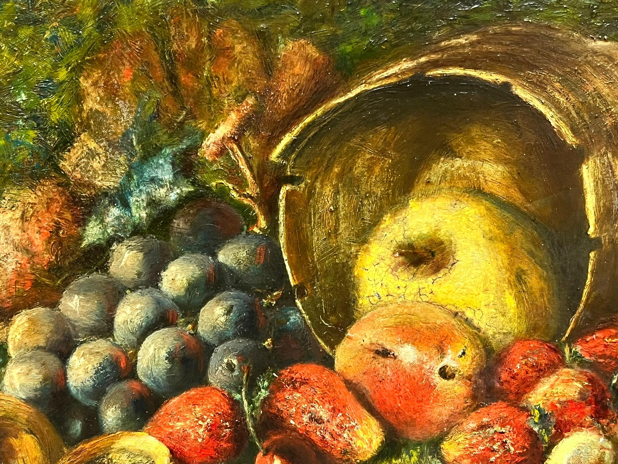 Still Life Of Fruit In A Barrel Grapes Apples Signed Antique Oil Painting For Sale 1