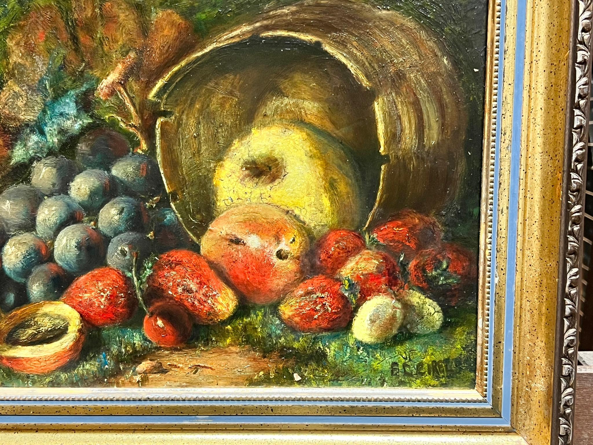 Still Life Of Fruit In A Barrel Grapes Apples Signed Antique Oil Painting For Sale 2