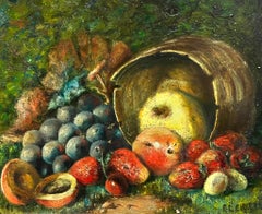 Bodegón De Fruta En Un Barril Uvas Manzanas Firmado Pintura Al Óleo Antigua