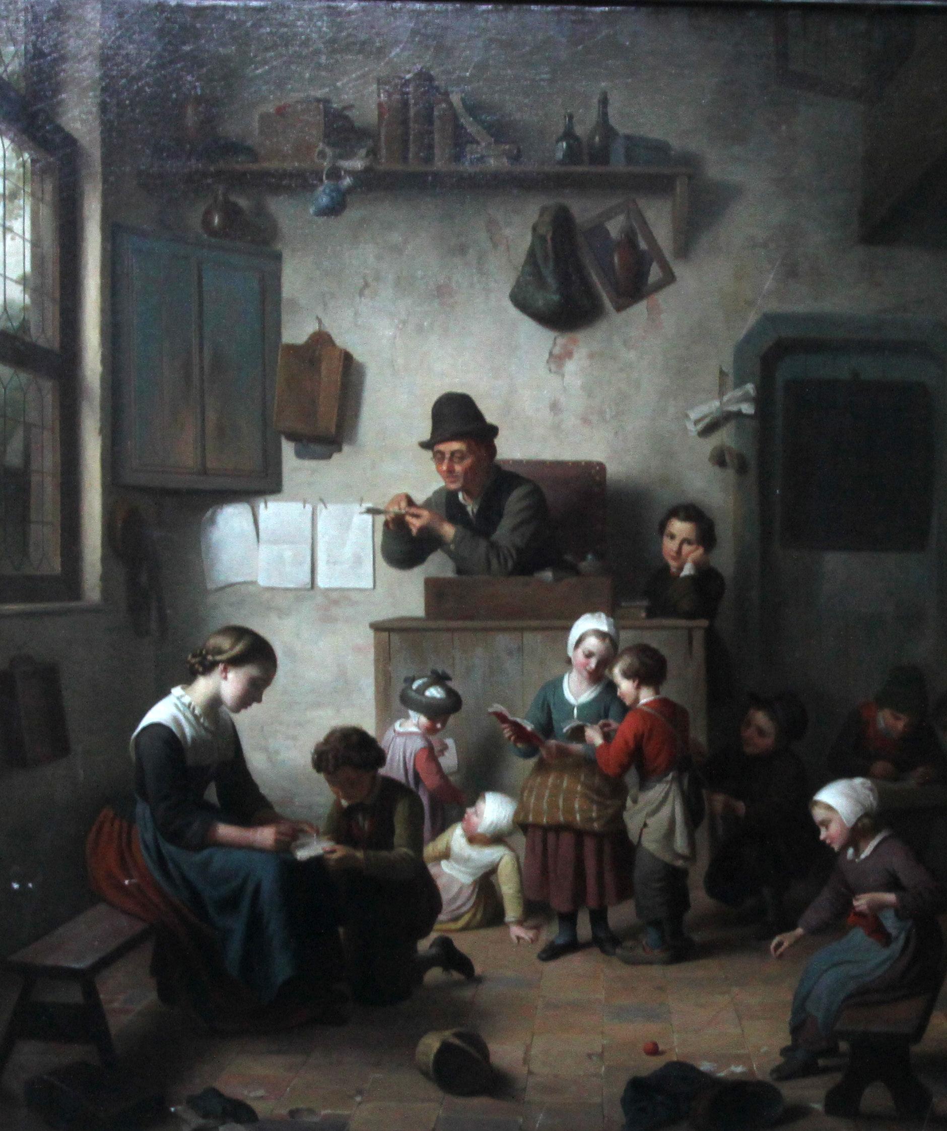 La salle d'école - peinture flamande du 19e siècle peinture à l'huile de genre intérieur enfants en vente 9