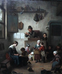 The School Room - Flemish 19th century art interior genre oil painting children
