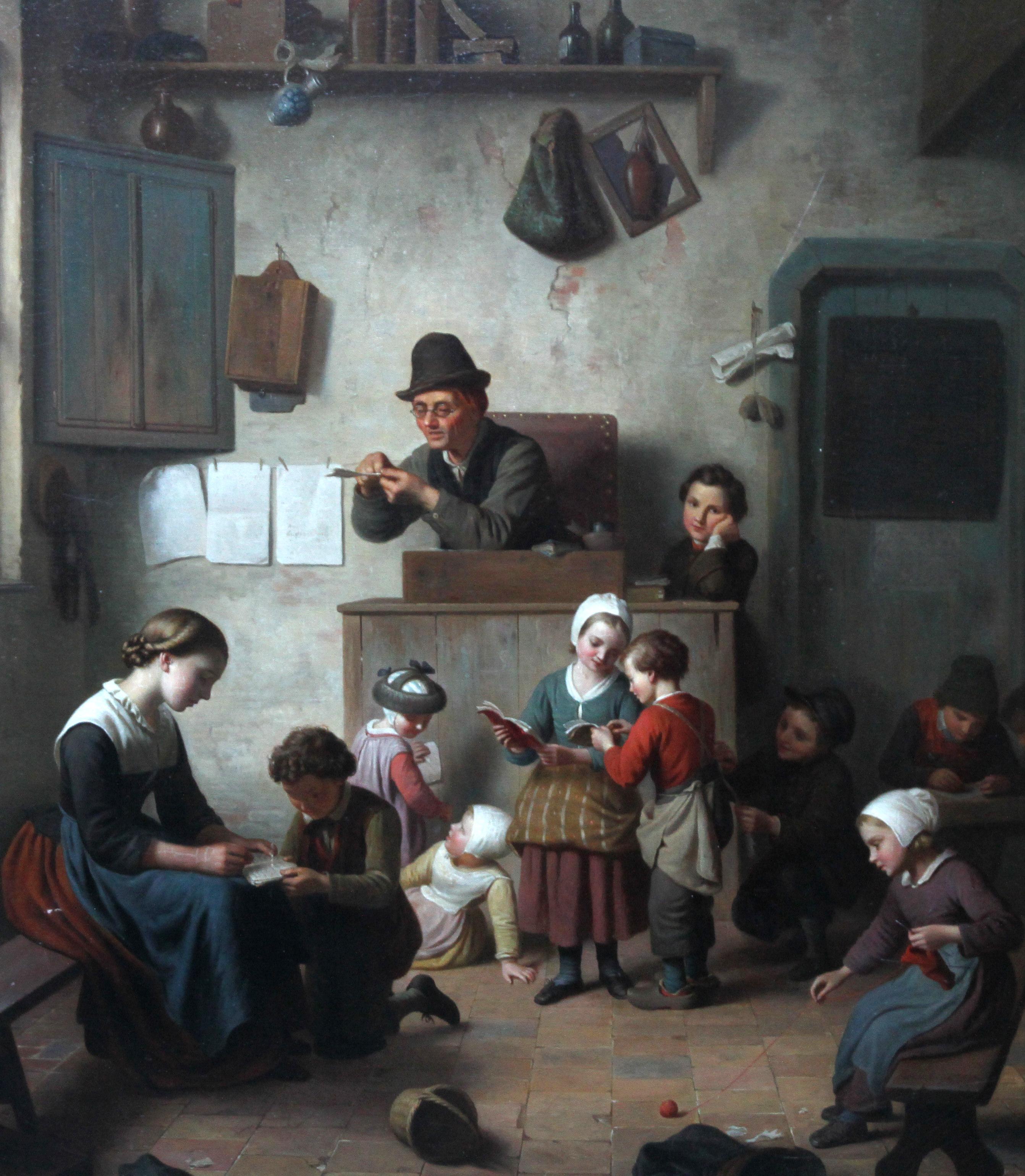 La salle d'école - peinture flamande du 19e siècle peinture à l'huile de genre intérieur enfants - Réalisme Painting par Ferdinand de Braekeleer the Elder