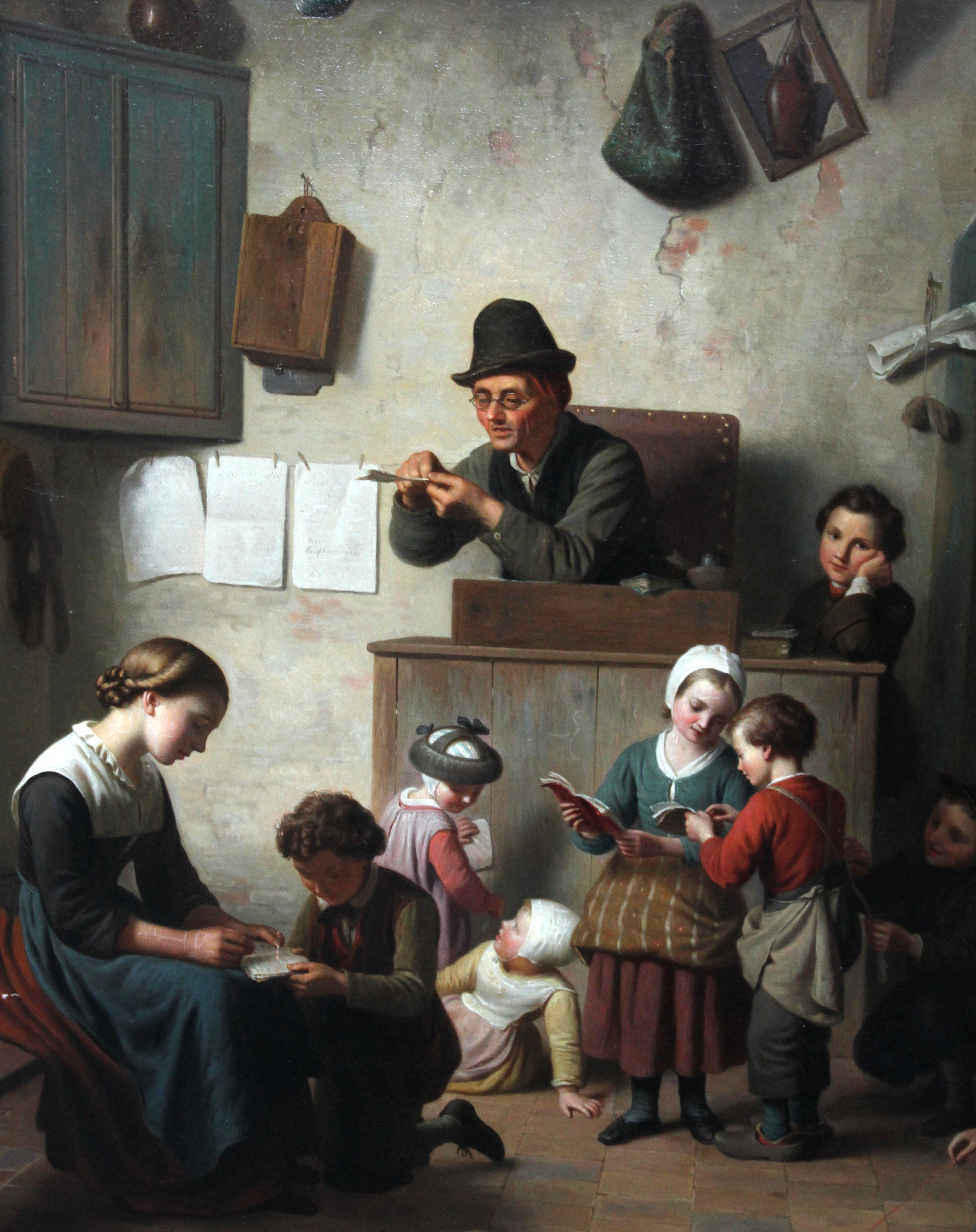 This charming Flemish genre oil painting is attributed to Ferdinand de Braekeleer the Elder. Painted circa 1850 it is a fine realist genre scene of the interior of a school room, a topic Braekeleer favoured with similar paintings such as The Lesson,