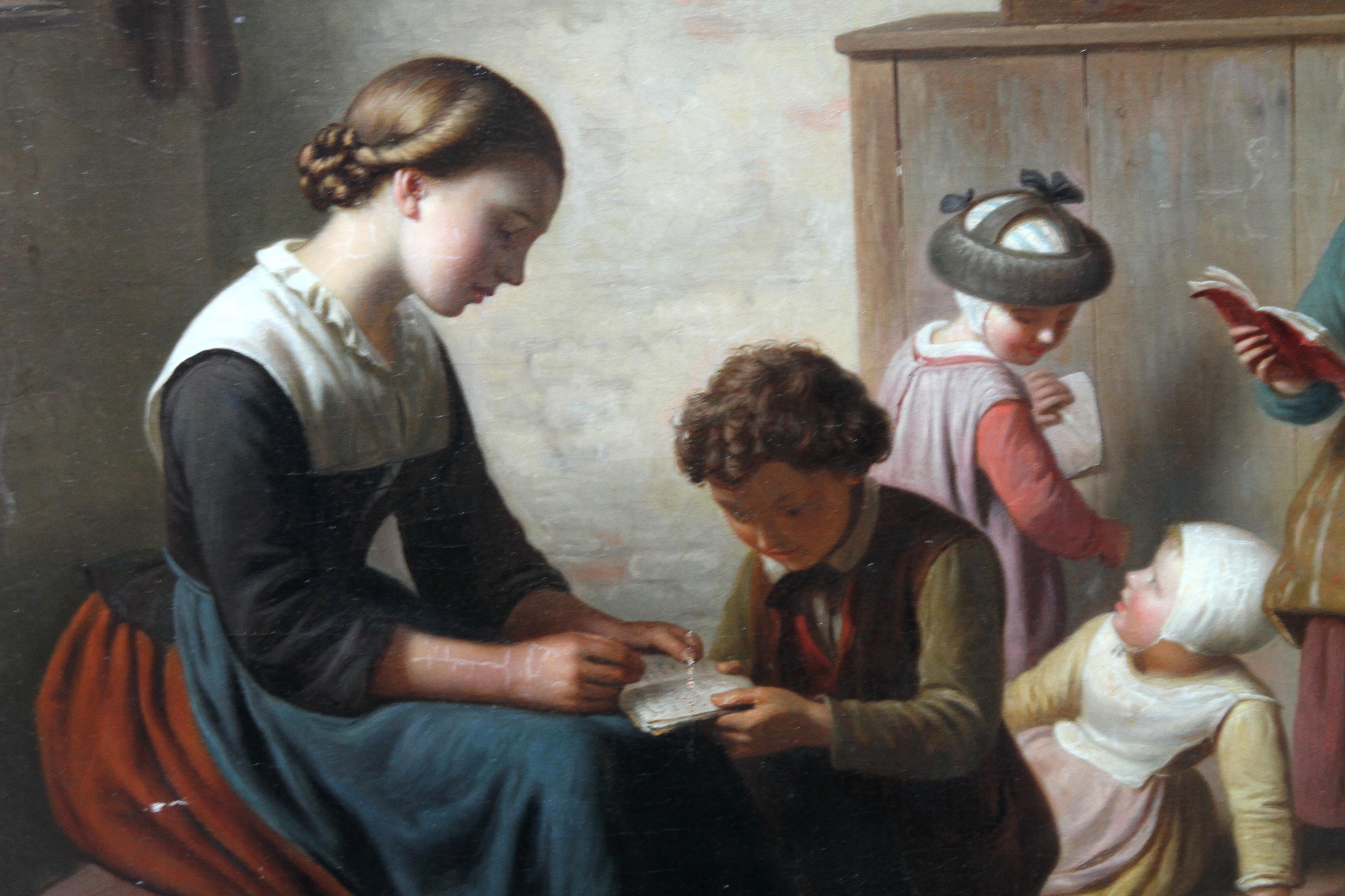 The School Room - Flemish 19th century art interior genre oil painting children For Sale 1
