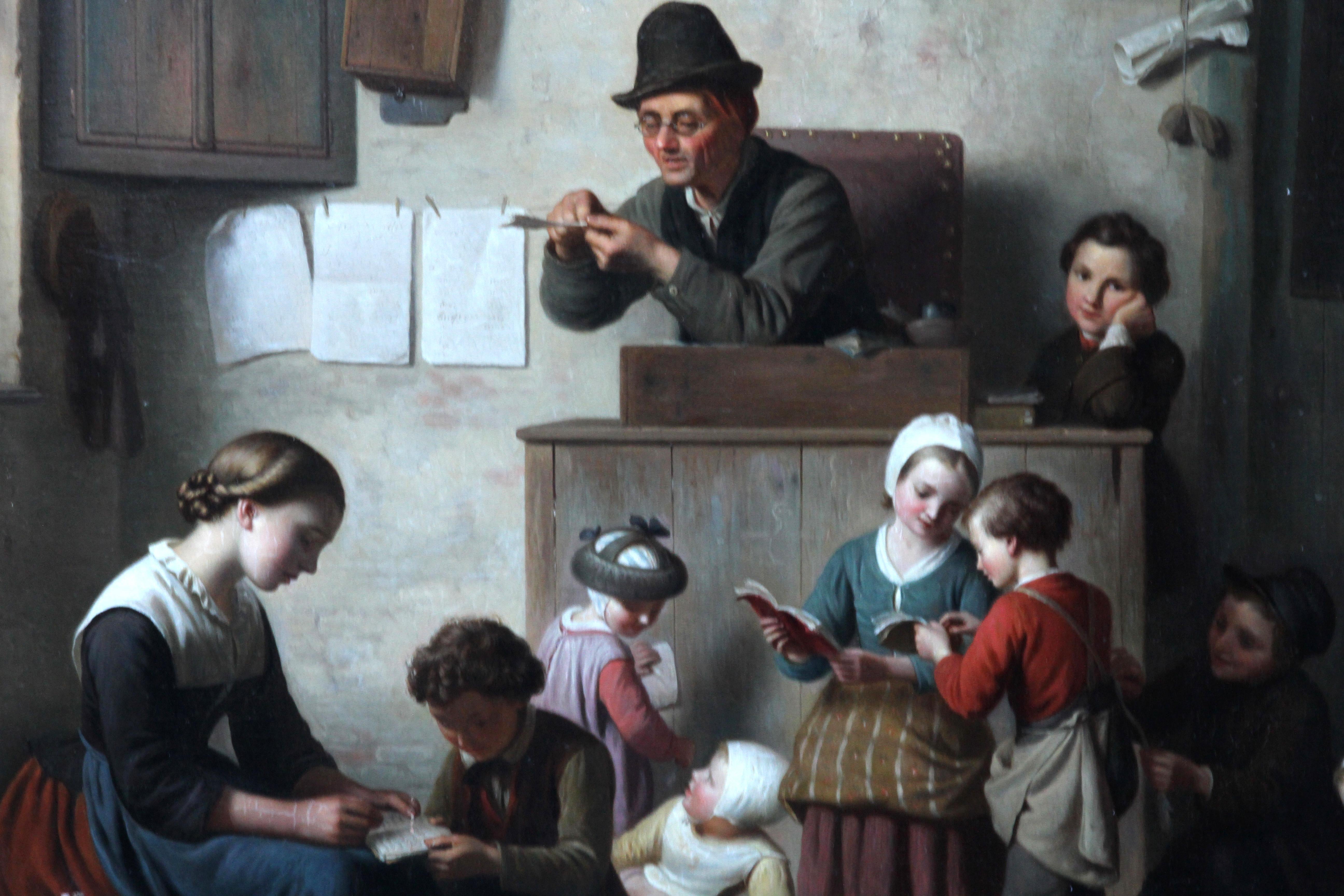 The School Room - Flemish 19th century art interior genre oil painting children For Sale 2