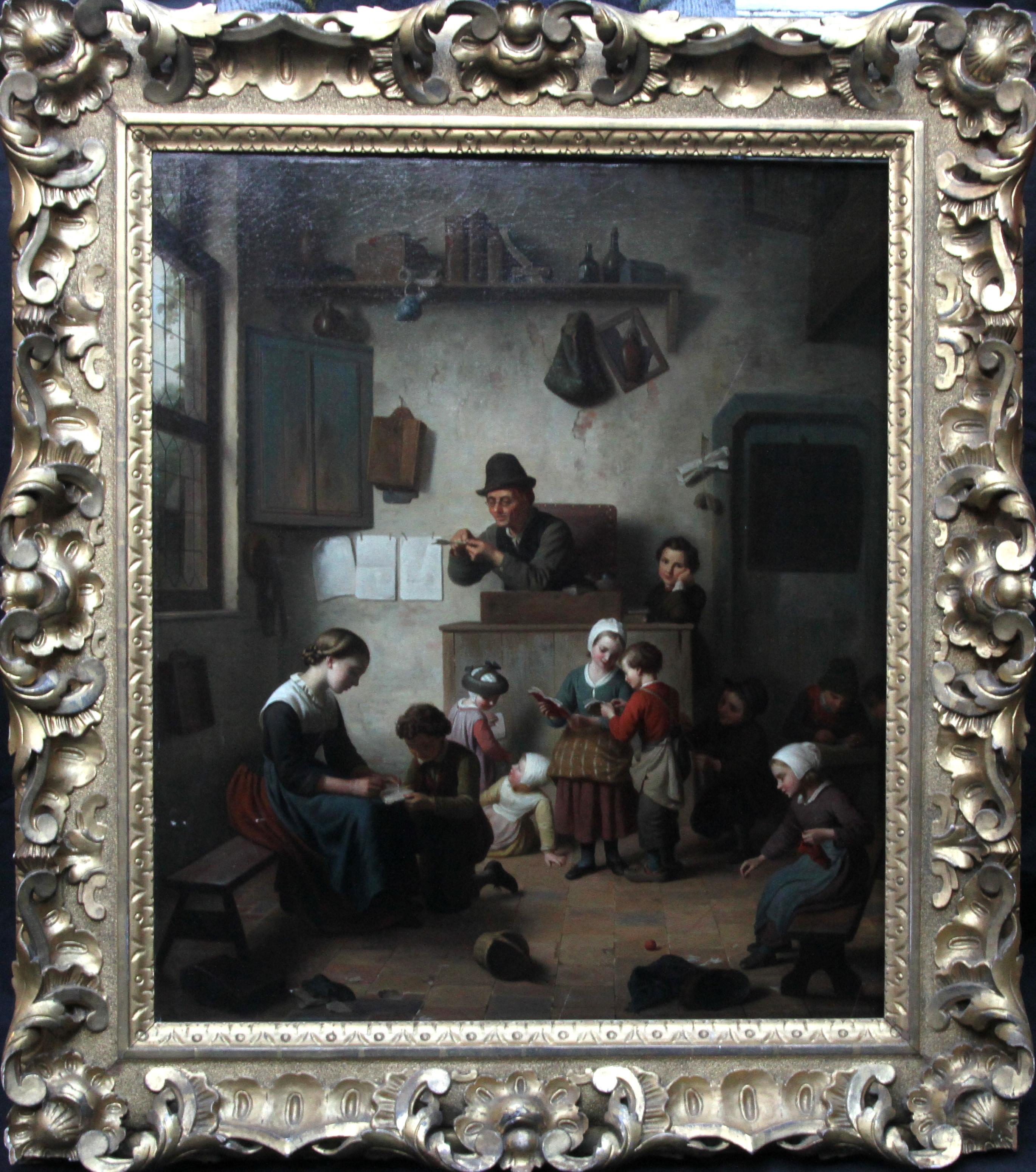The School Room - Flemish 19th century art interior genre oil painting children