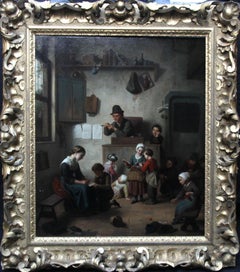 Antique The School Room - Flemish 19th century art interior genre oil painting children