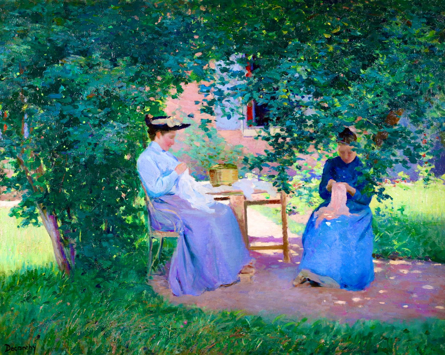 Deux Couseuses – Impressionistisches Ölgemälde, Figuren in Landschaft von Ferdinand Deconchy 1