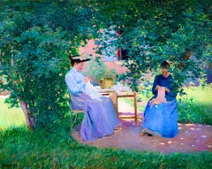Deux Couseuses - Impressionist Oil, Figures in Landscape by Ferdinand Deconchy