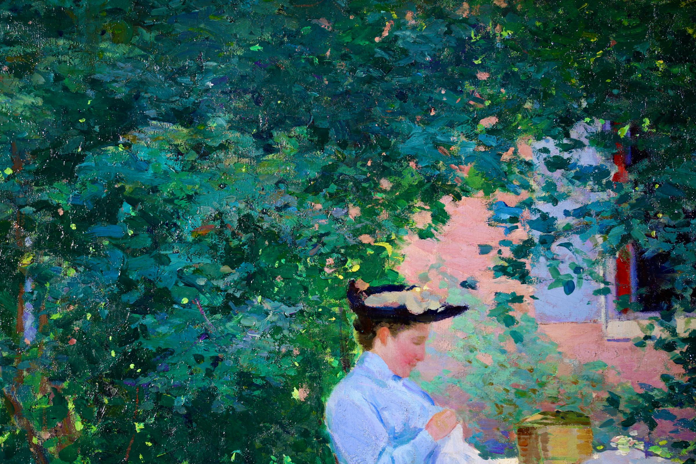 Deux Couseuses, huile impressionniste, figures dans un paysage de Ferdinand Deconchy 2
