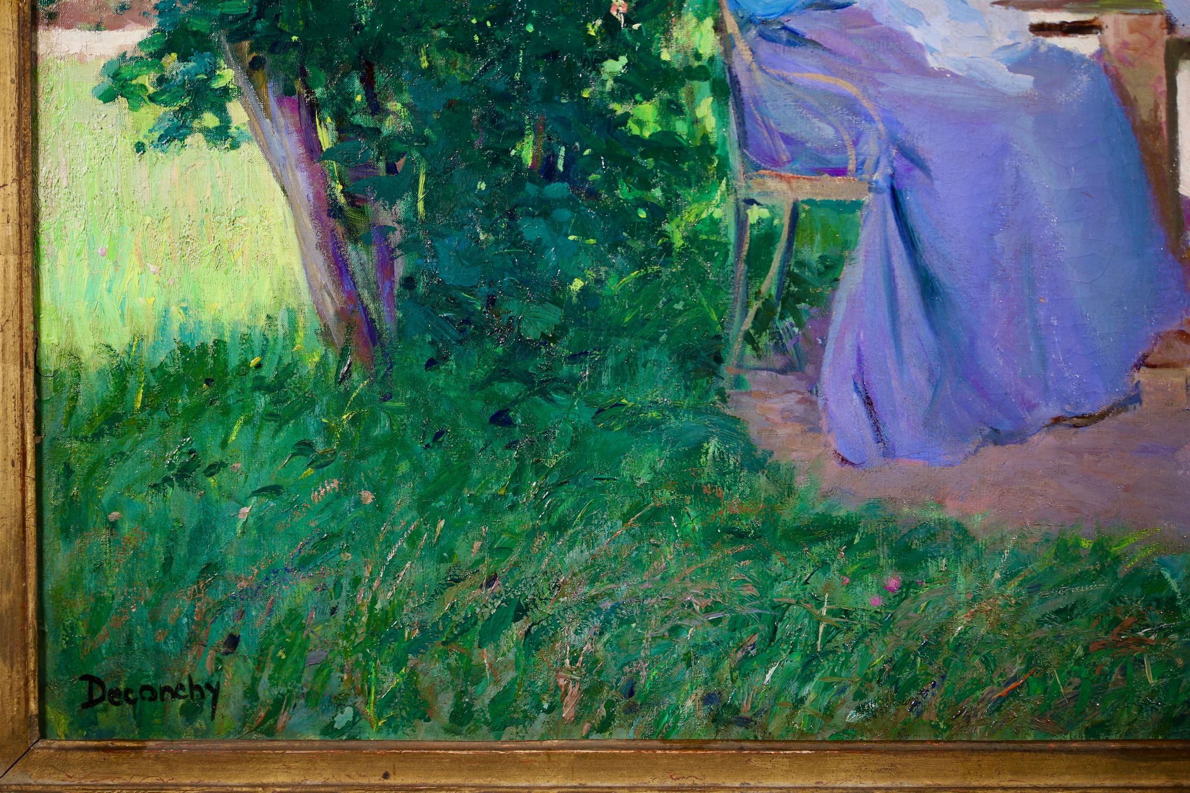 Deux Couseuses, huile impressionniste, figures dans un paysage de Ferdinand Deconchy 4