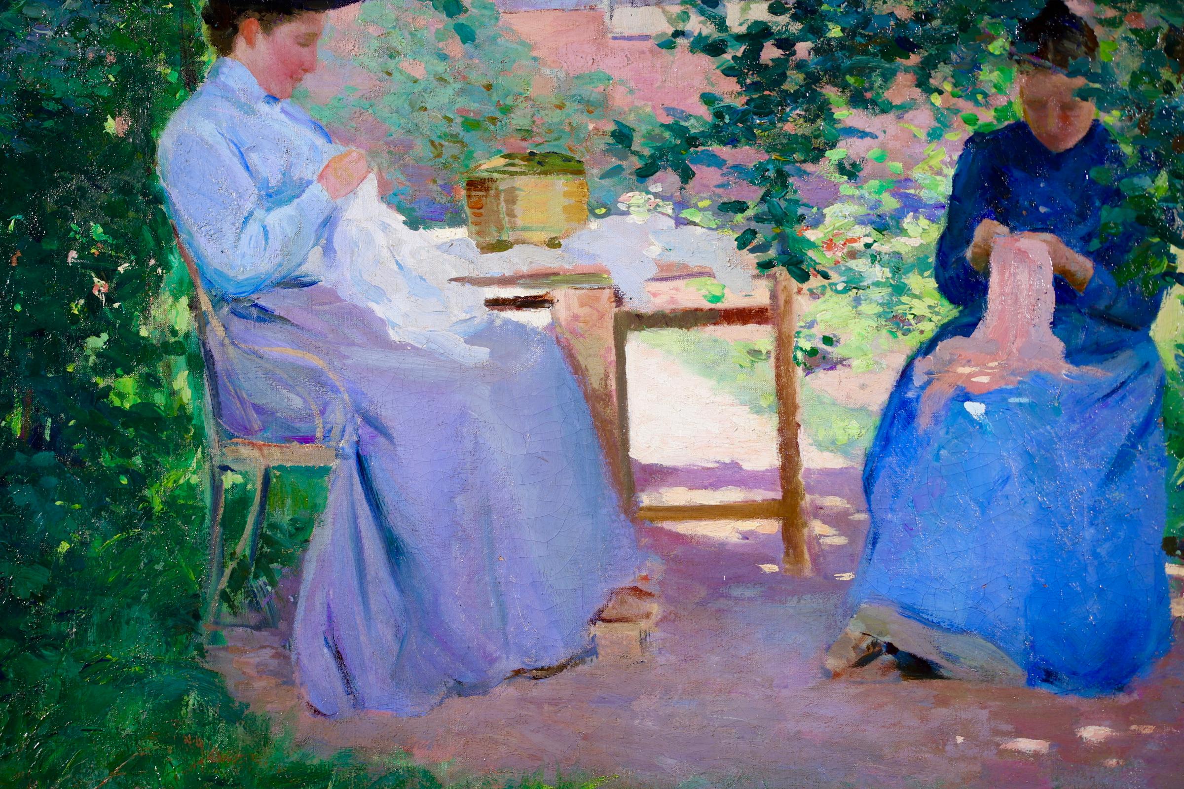 Deux Couseuses – Impressionistisches Ölgemälde, Figuren in Landschaft von Ferdinand Deconchy 5