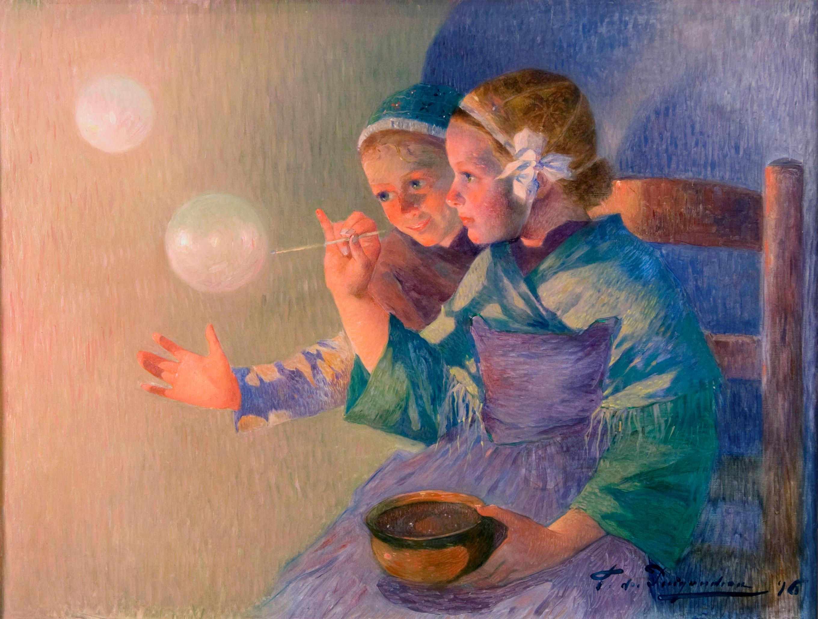 19th Century Impressionist painting, Female Children with Soap Bubbles - Painting by Ferdinand du Puigaudeau