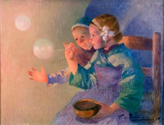 19th Century Impressionist painting, Female Children with Soap Bubbles