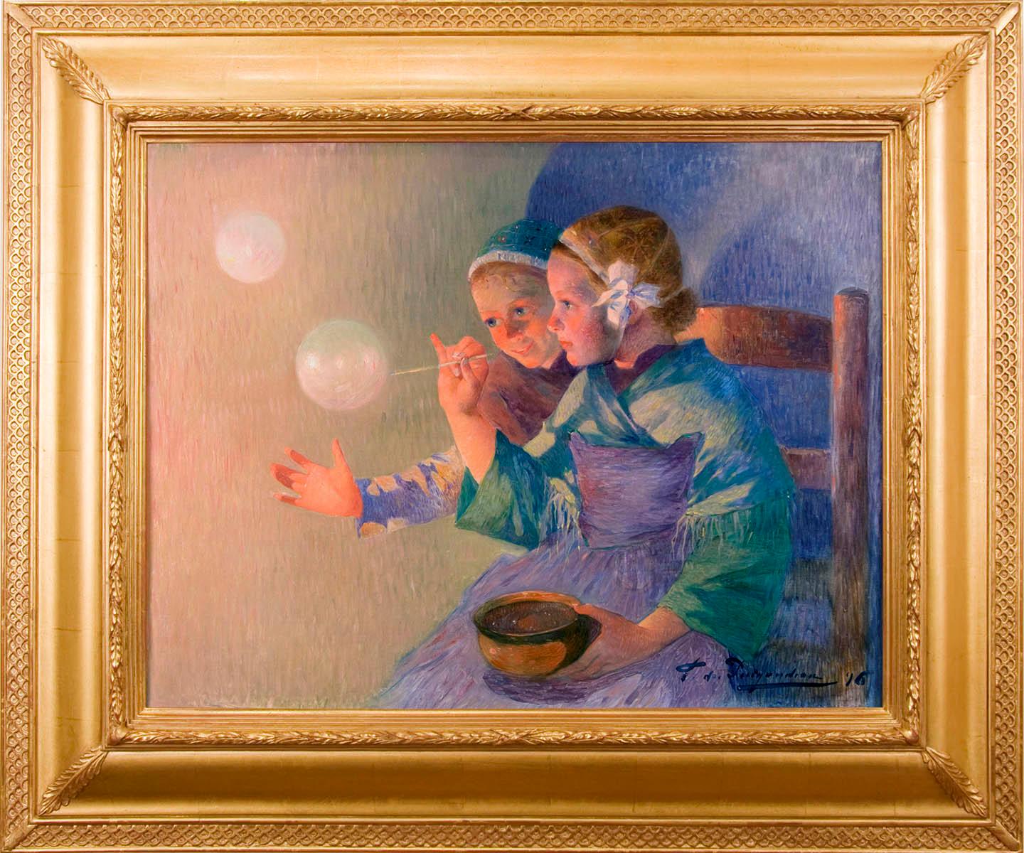 Ferdinand du Puigaudeau Figurative Painting - 19th Century Impressionist painting, Female Children with Soap Bubbles