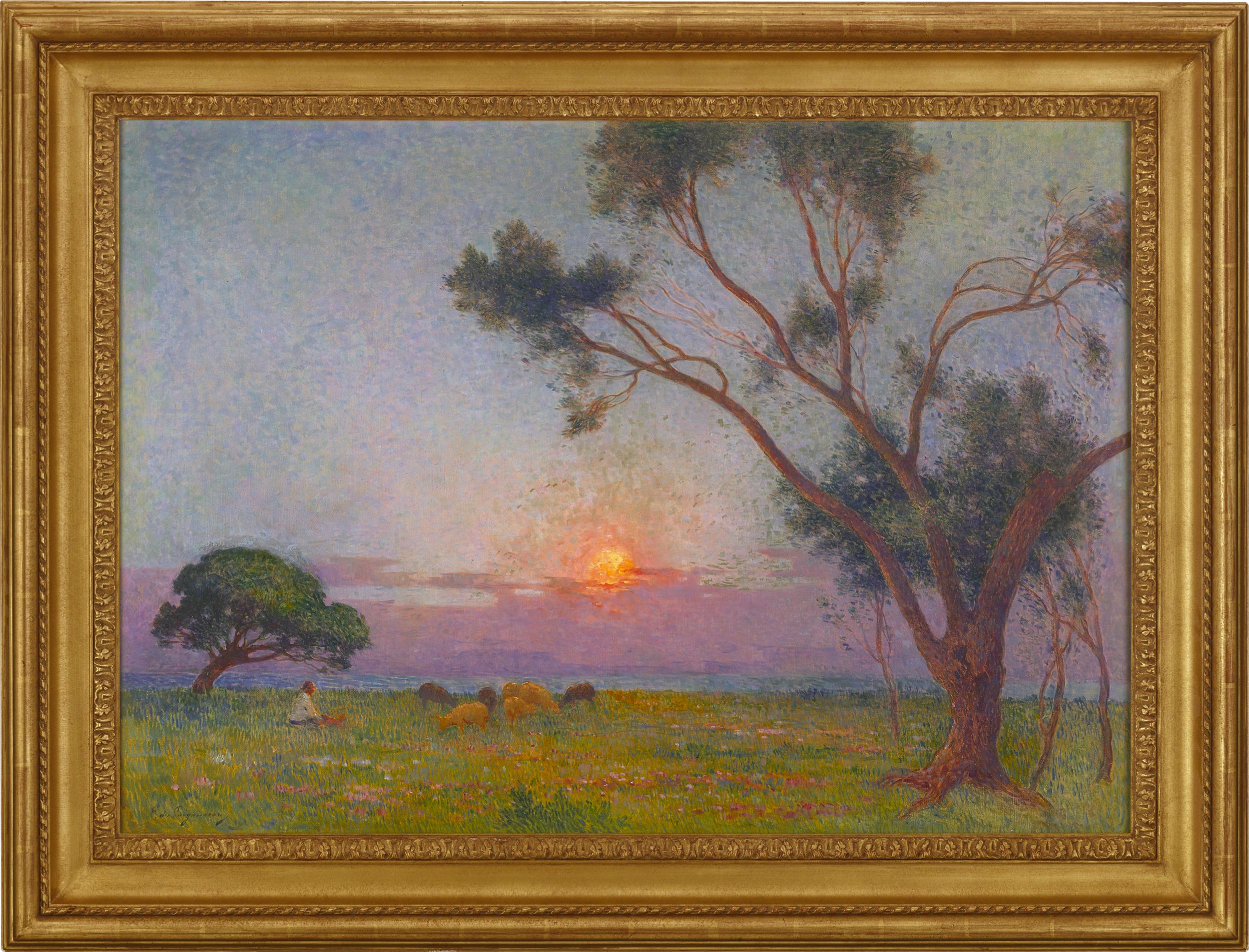 Berger et ses moutons au soleil couchant by Ferdinand du Puigaudeau 1