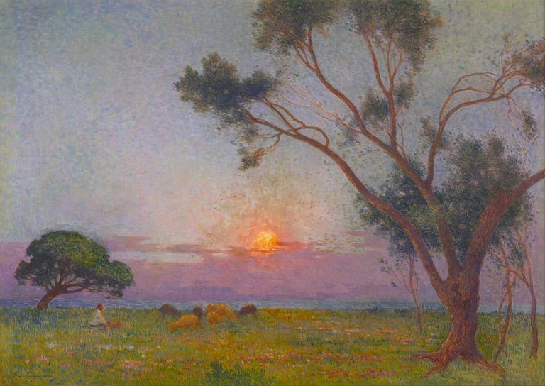Ferdinand du Puigaudeau
1864-1930 | French

Berger et ses moutons au soleil couchant
(A Shepherd and his Sheep at Sunset)

Signed "F. du Puigaudeau" (lower left)
Oil on canvas

Ferdinand du Puigaudeau is celebrated for his near-magical depictions of