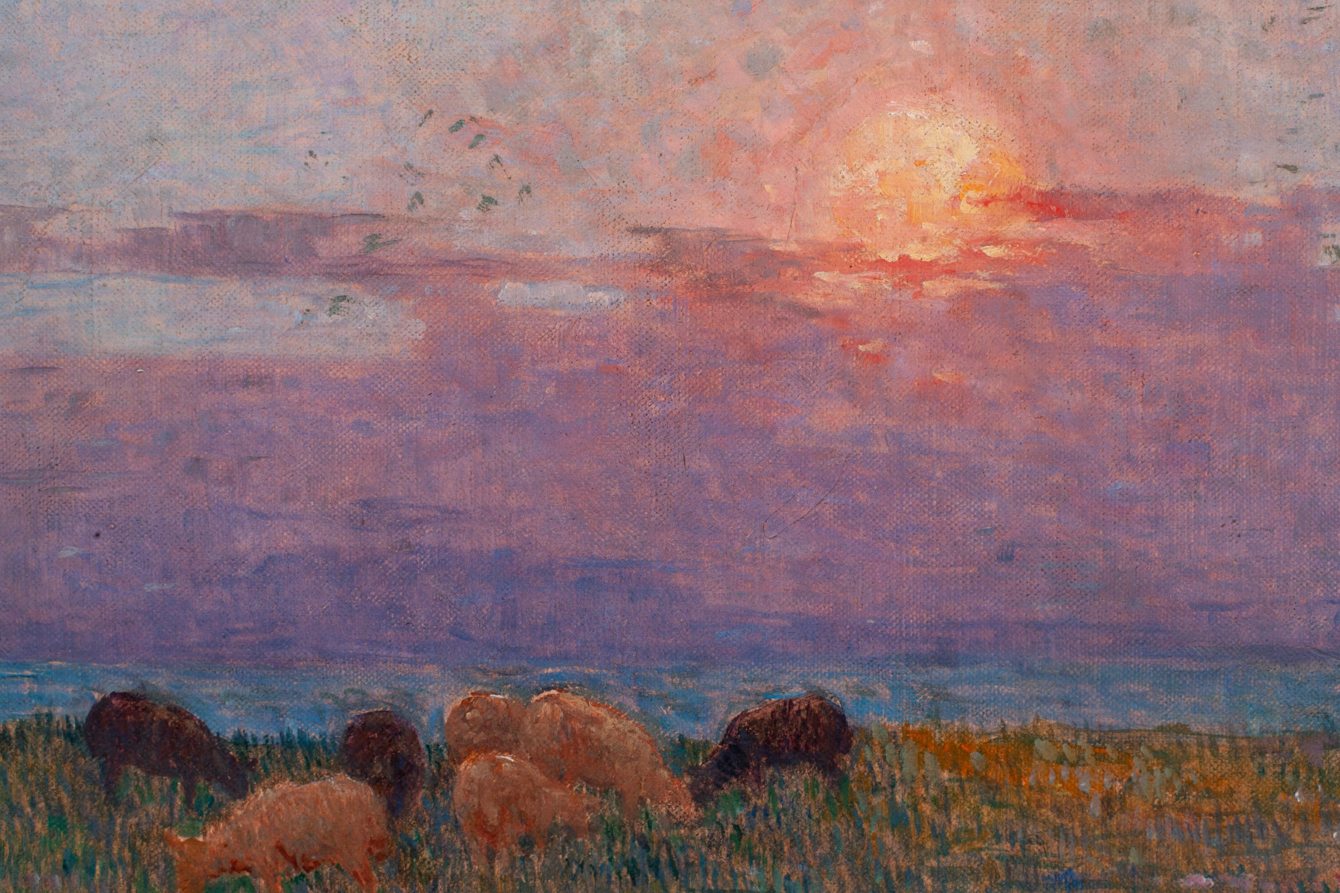 Berger et ses moutons au soleil couchant - Pointillist Painting by Ferdinand du Puigaudeau