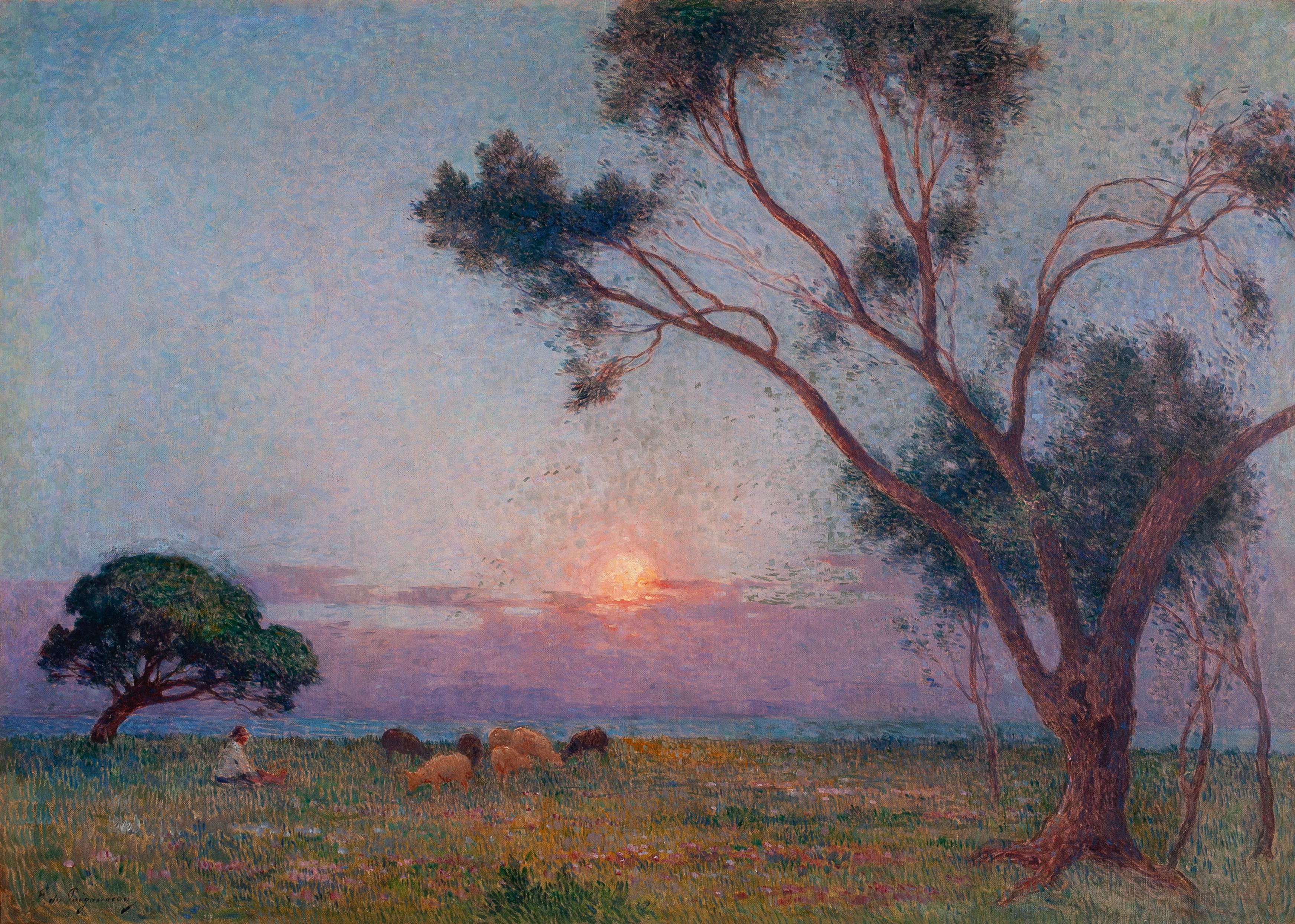 Ferdinand du Puigaudeau Landscape Painting - Berger et ses moutons au soleil couchant