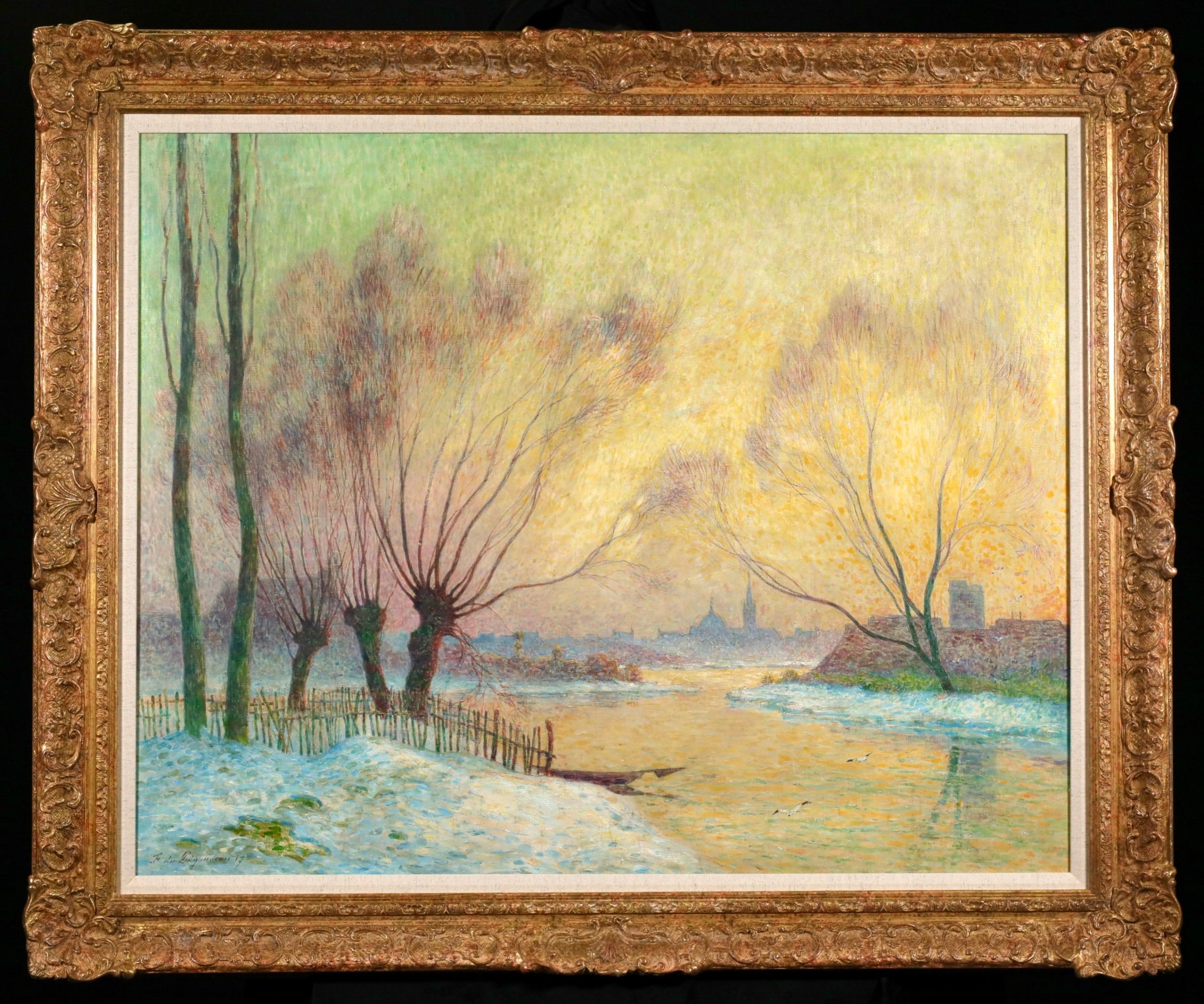 Olio su tela del pittore francese Ferdinand du Puigaudeau, firmato e datato, raffigurante un paesaggio fluviale post impressionista. Questa splendida opera di grandi dimensioni raffigura una veduta del fiume Loira a Nantes, in Francia, durante