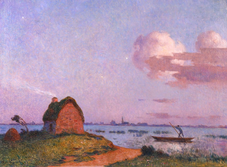 Crépuscule en Brière - Post Impressionist Oil, Seascape at Night - Du Puigaudeau For Sale 8