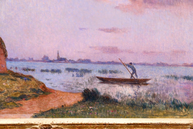Crépuscule en Brière - Post Impressionist Oil, Seascape at Night - Du Puigaudeau For Sale 3